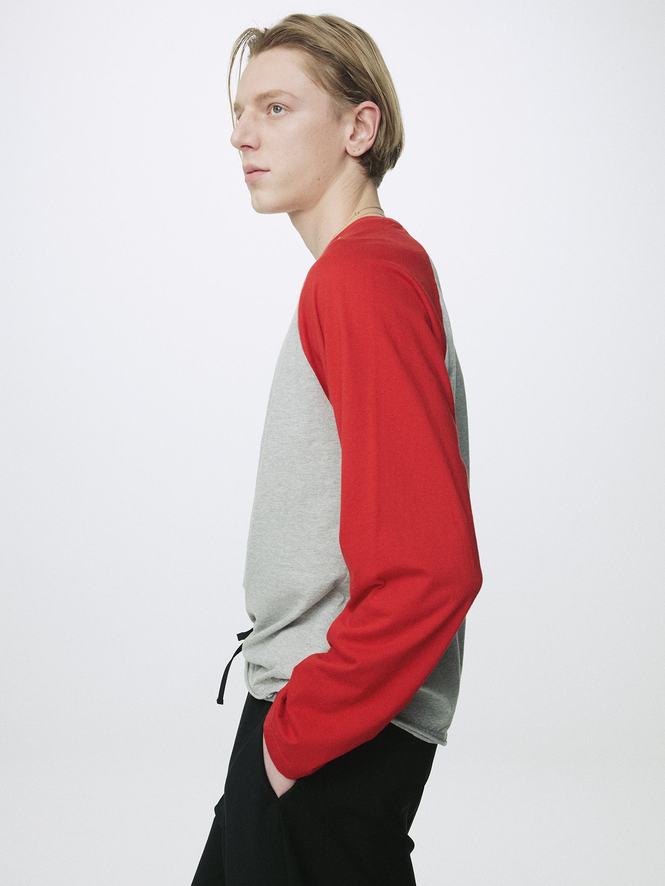 WASHED COTTON BASEBALL LONG SLEEVE_ MELANGE GREY/RED