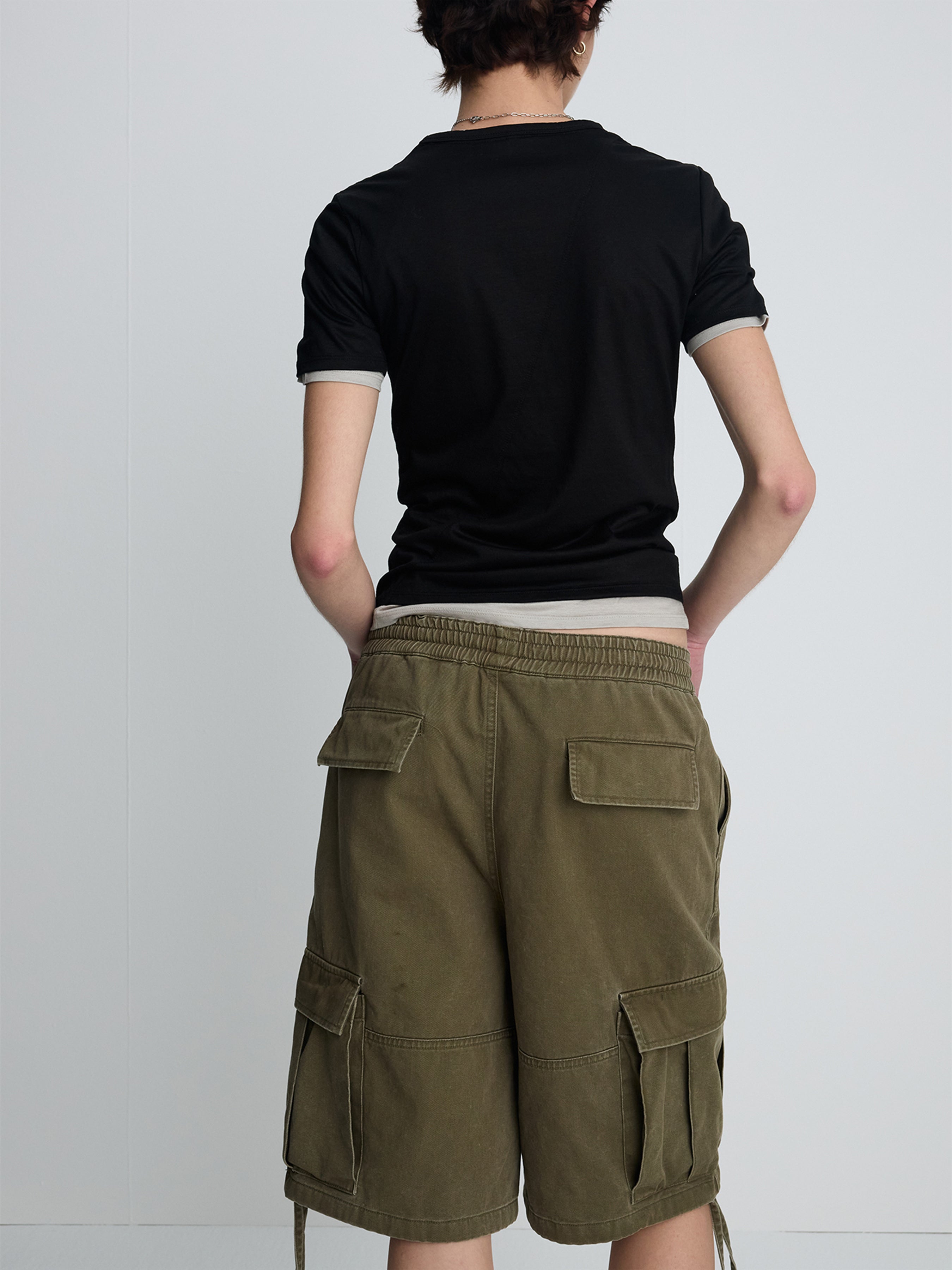 (W) GARMENT-WASHED CARGO SHORTS_ OLIVE