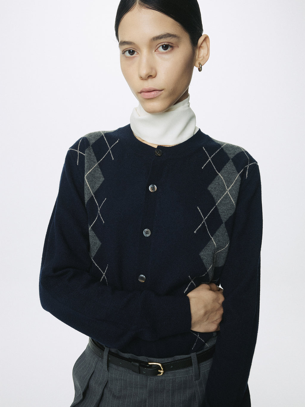 (W) MERINO WOOL ARGYLE CARDIGAN_ NAVY/GREY