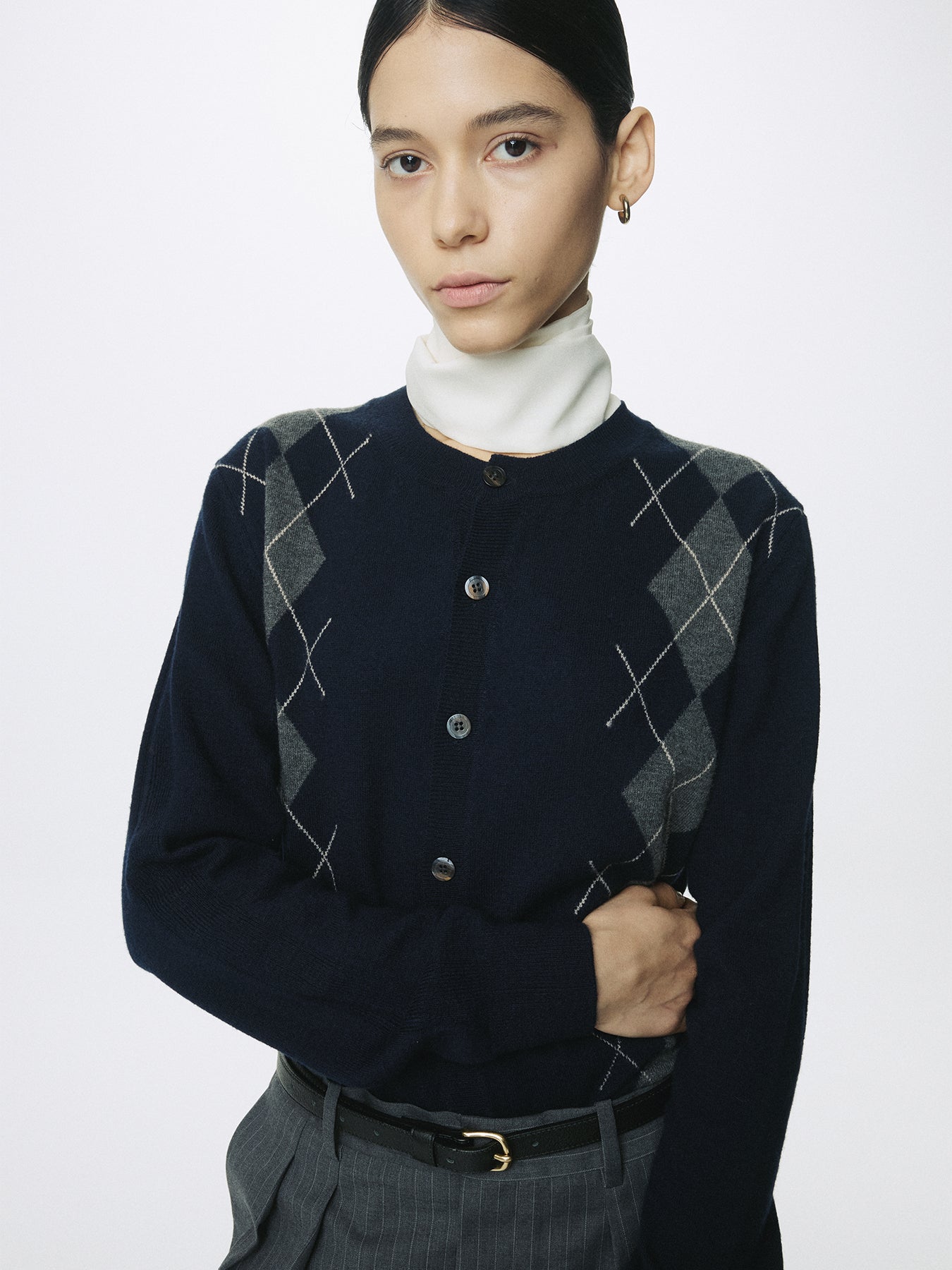 (W) MERINO WOOL ARGYLE CARDIGAN_ NAVY/GREY