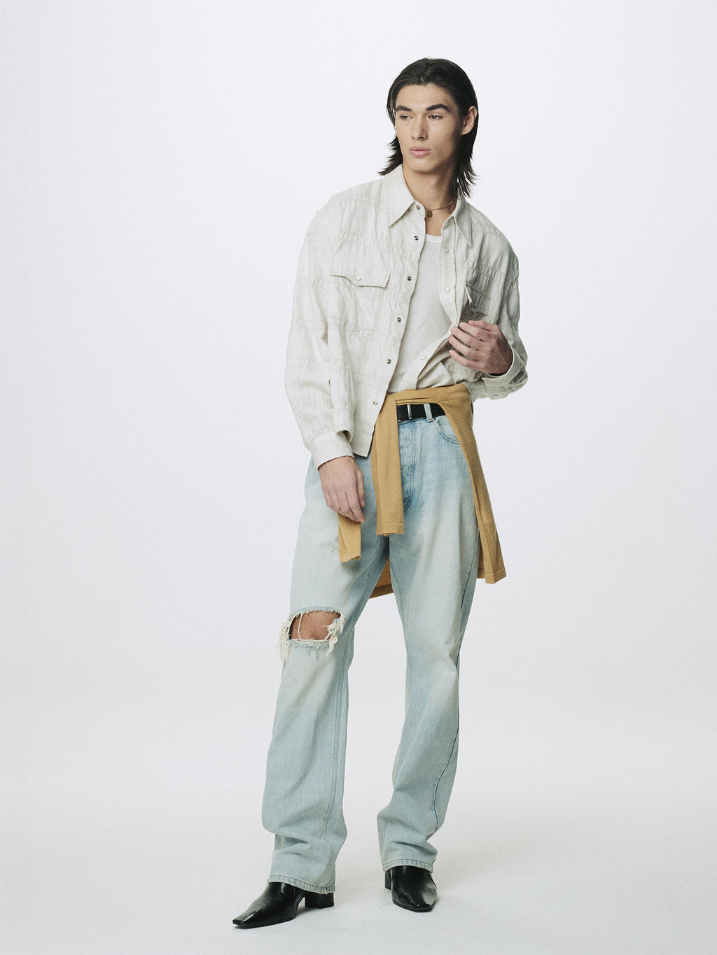 DISTRESSED LOOSE STRAIGHT DENIM JEANS_ LIGHT BLUE