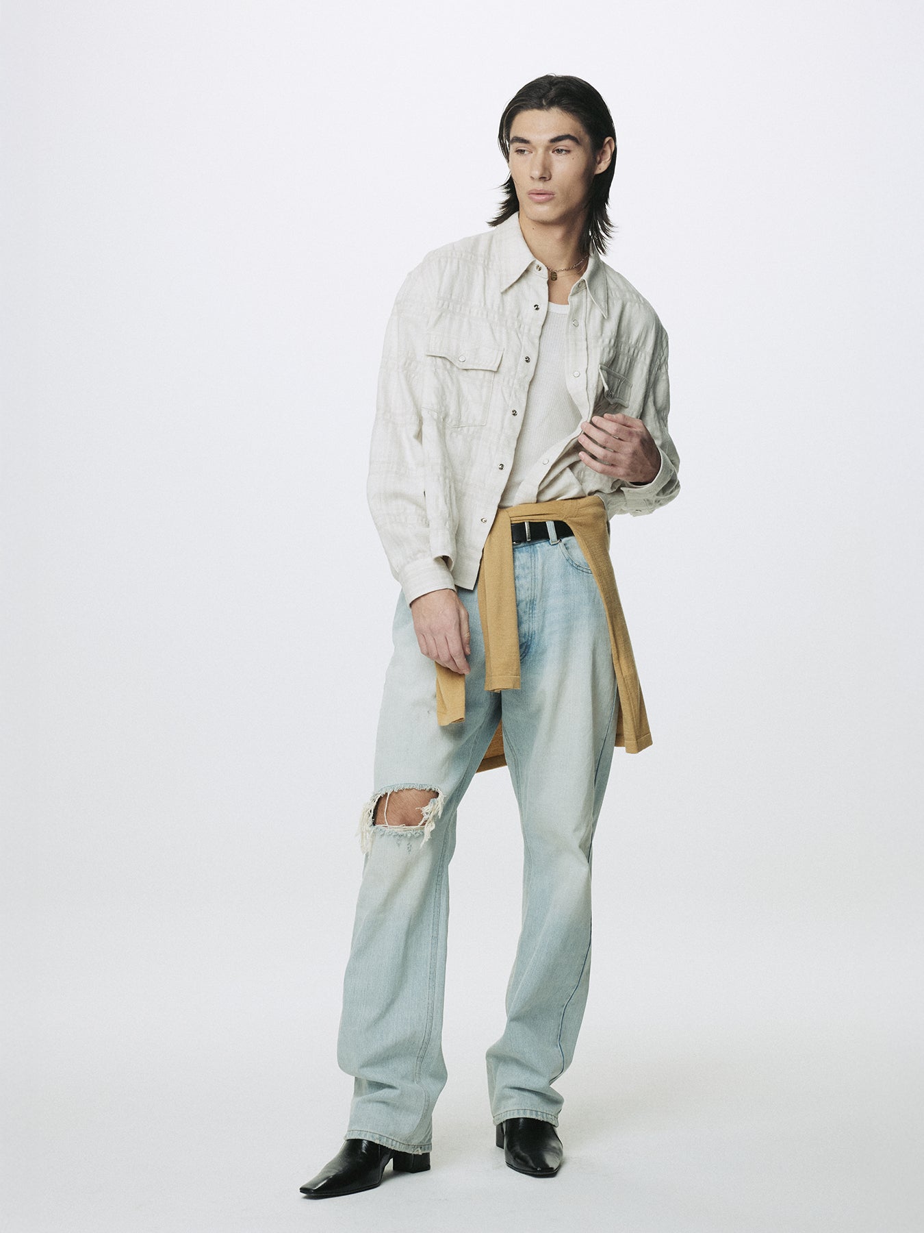 DISTRESSED LOOSE STRAIGHT DENIM JEANS_ LIGHT BLUE