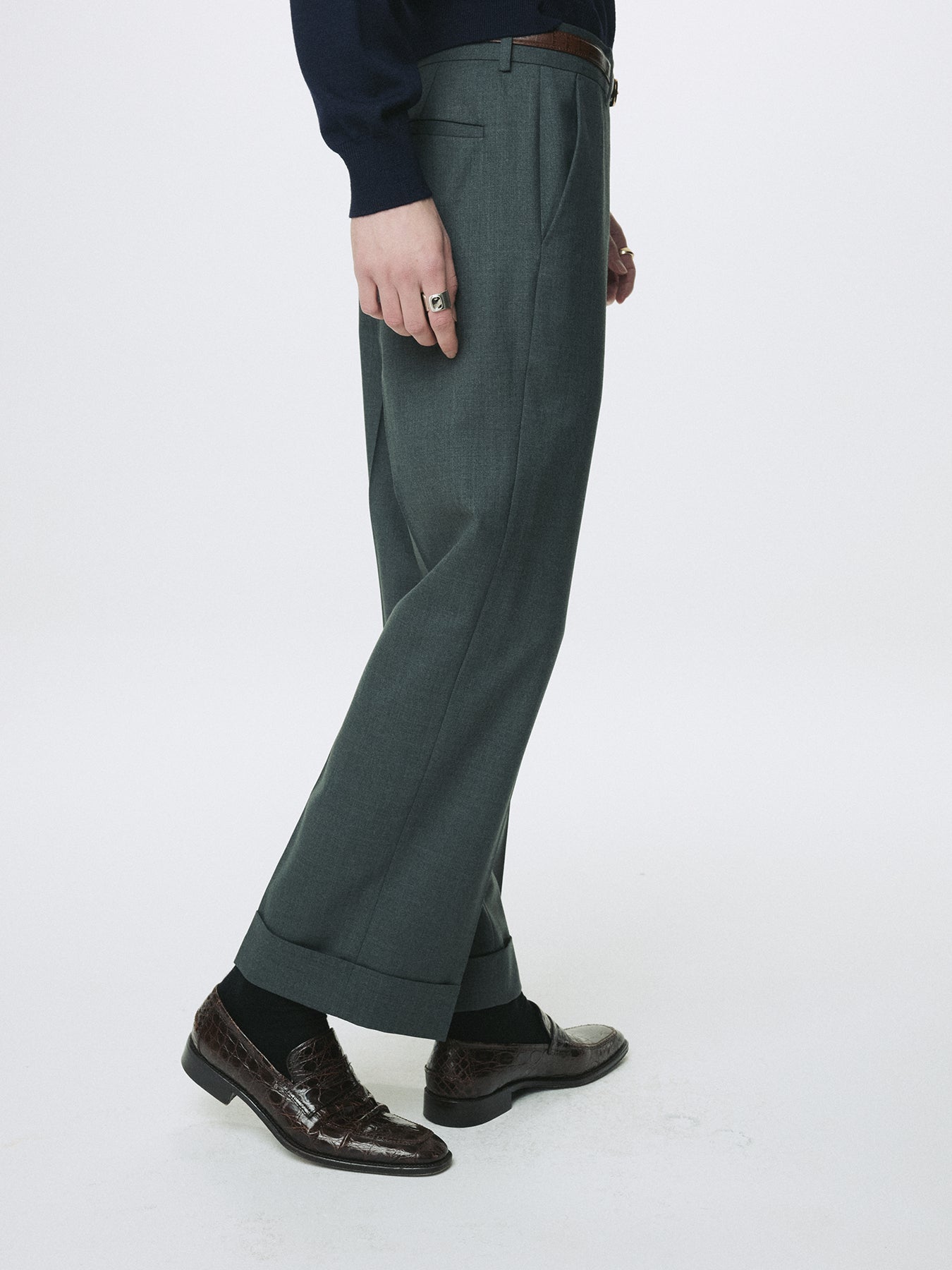 WOOL CUFFED TROUSERS_ MOSS GREY
