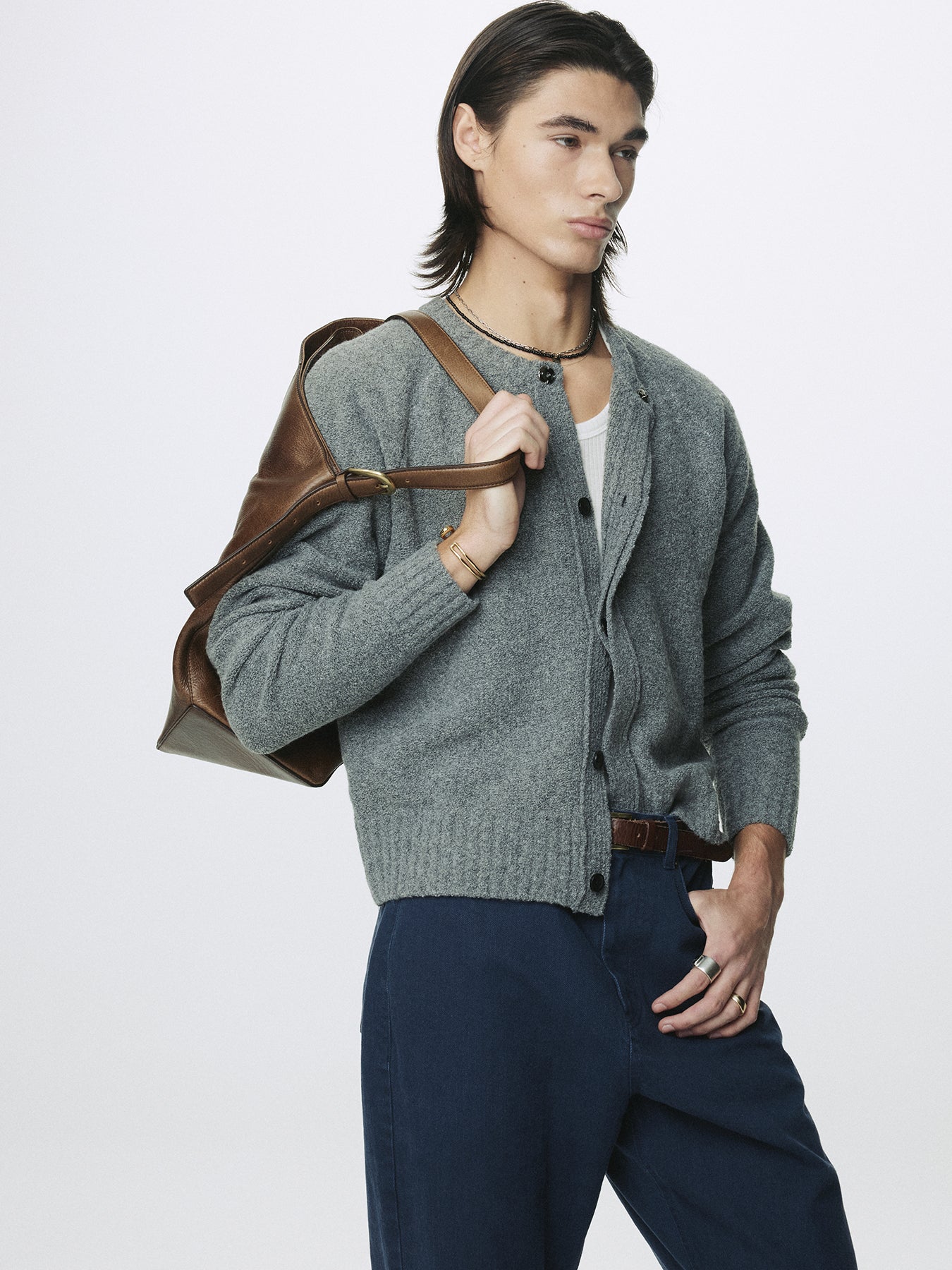PLACKET BUTTON DOWN KNIT CARDIGAN_ MELANGE GREY