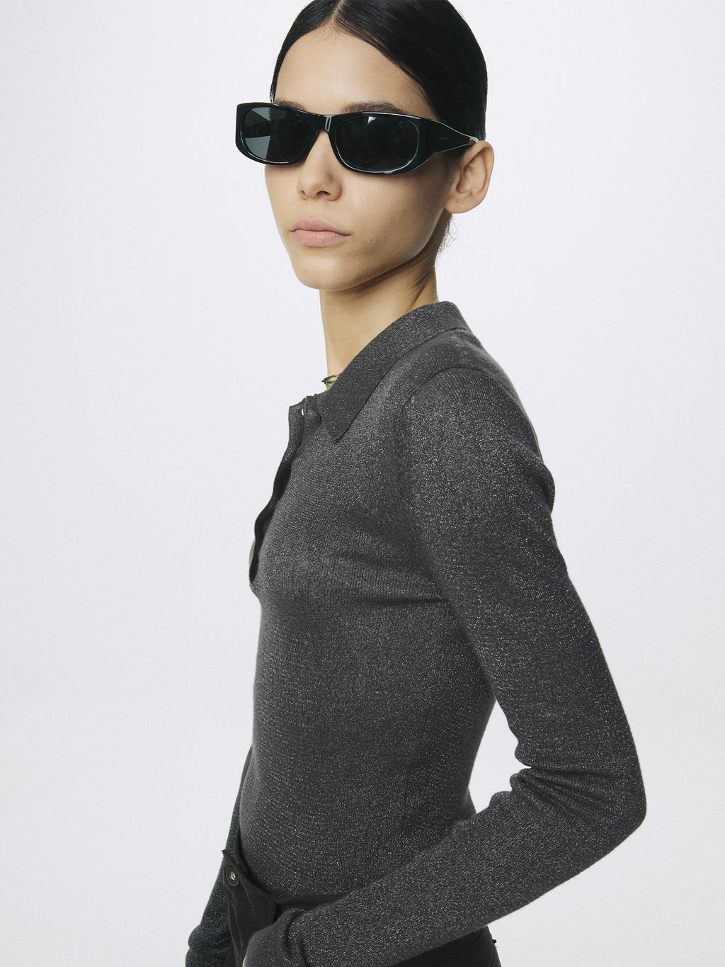 (W) GLITTER RIBBED KNIT POLO SHIRT_ CHARCOAL