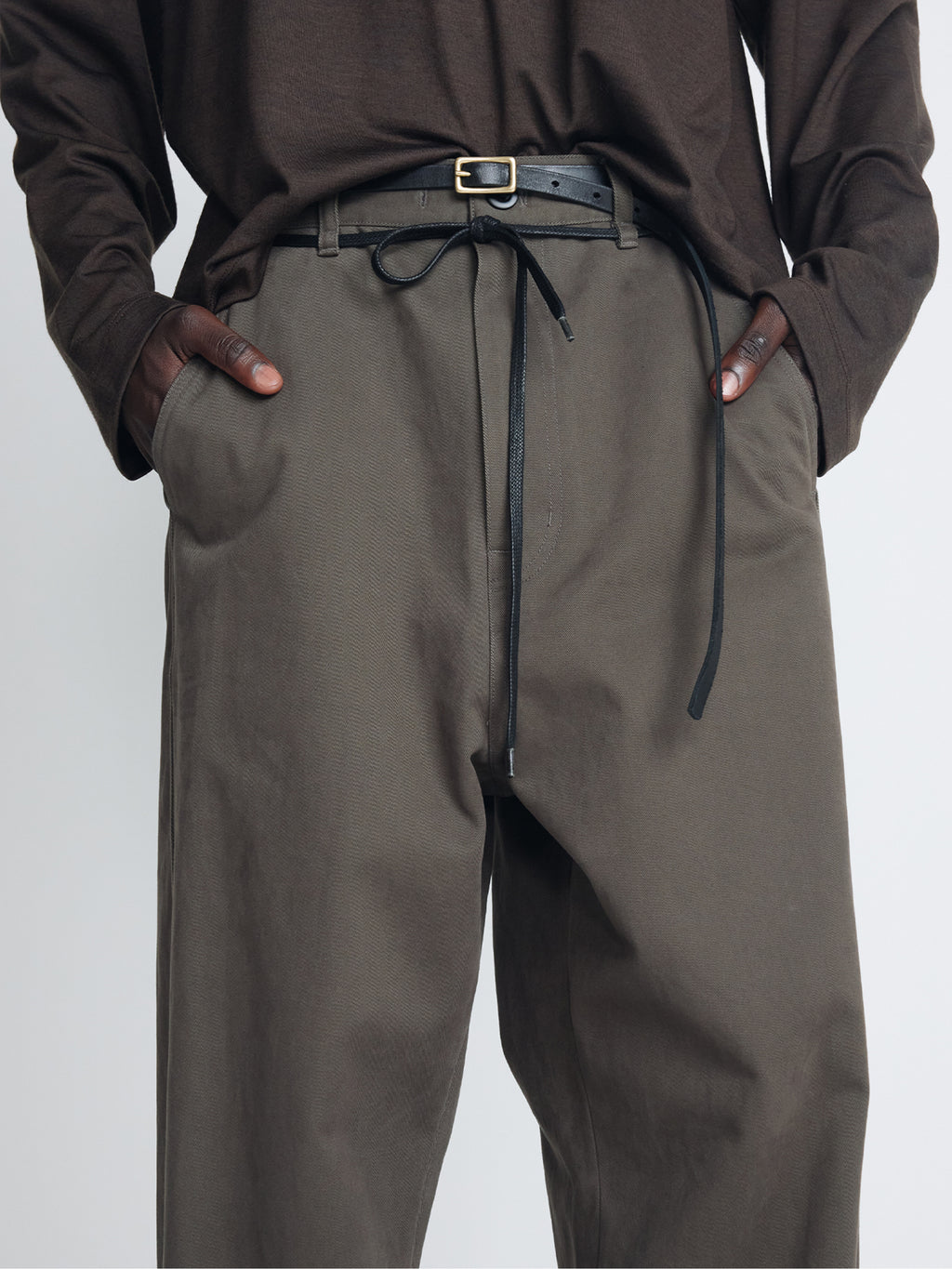 BRUSHED COTTON DRILL RELAXED STRING PANTS_ OLIVE