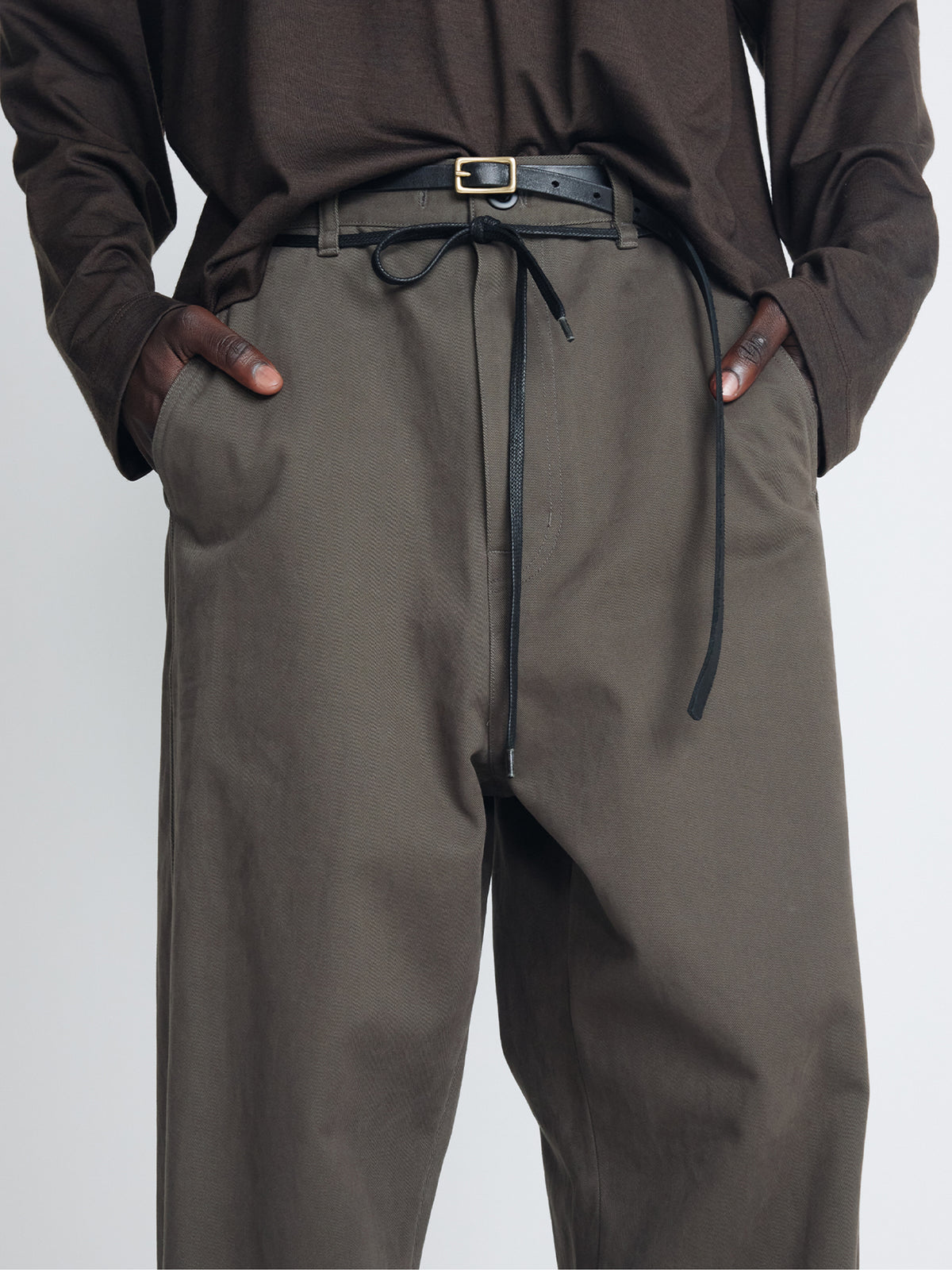 BRUSHED COTTON DRILL RELAXED STRING PANTS_ OLIVE