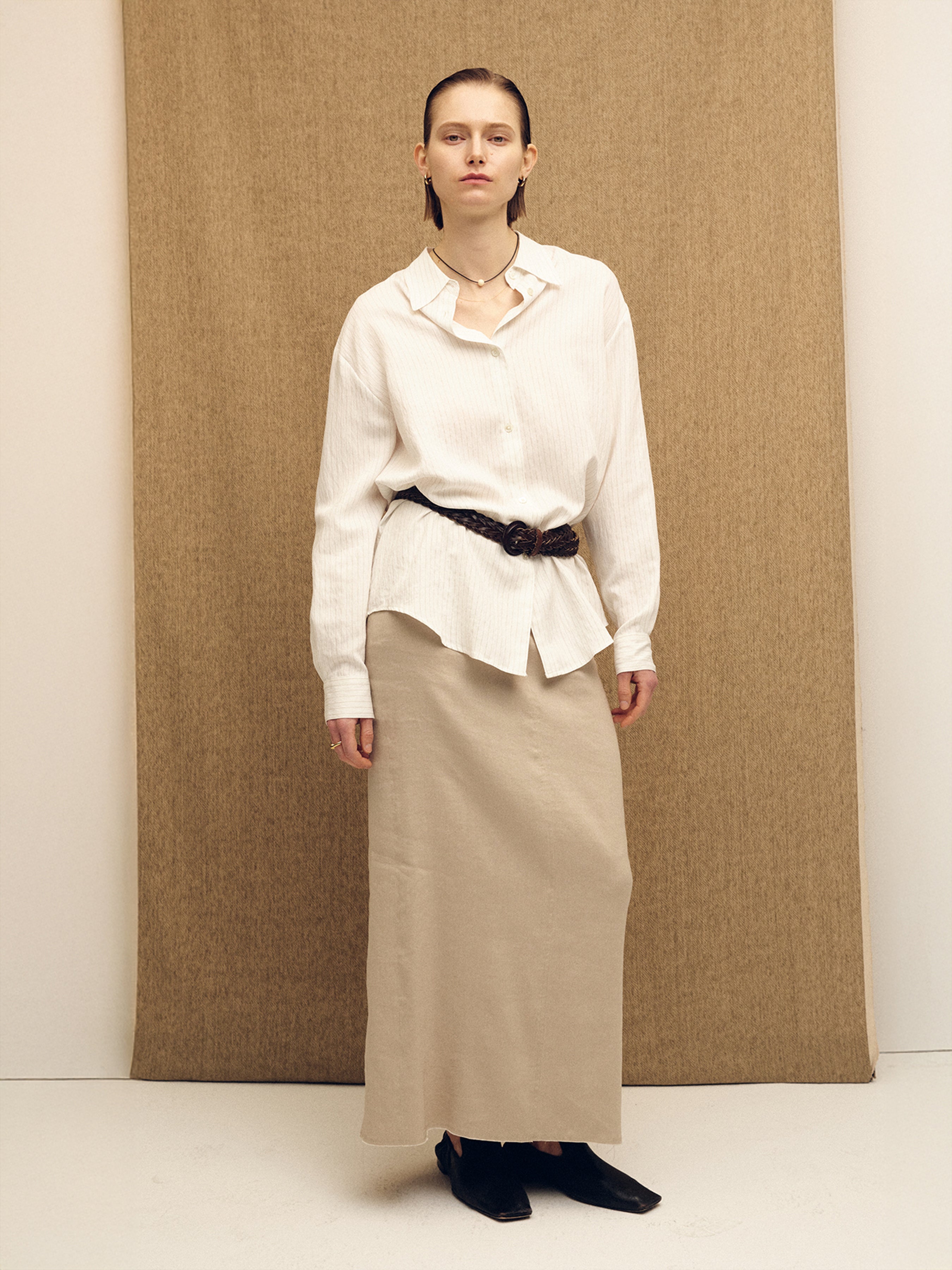 (W) LINEN RELAXED MAXI SKIRT_ SAND