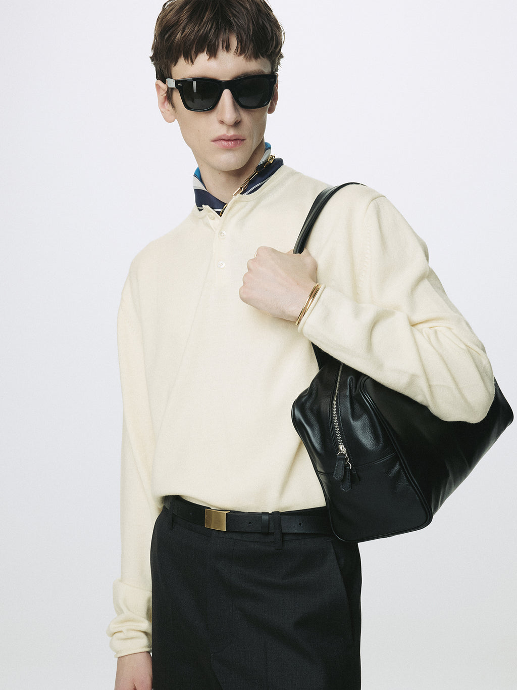 EXTRA FINE WOOL RAW HEM HENLEY NECK KNIT_ ECRU