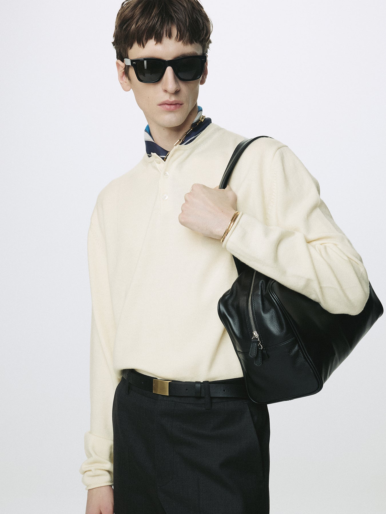 EXTRA FINE WOOL RAW HEM HENLEY NECK KNIT_ ECRU