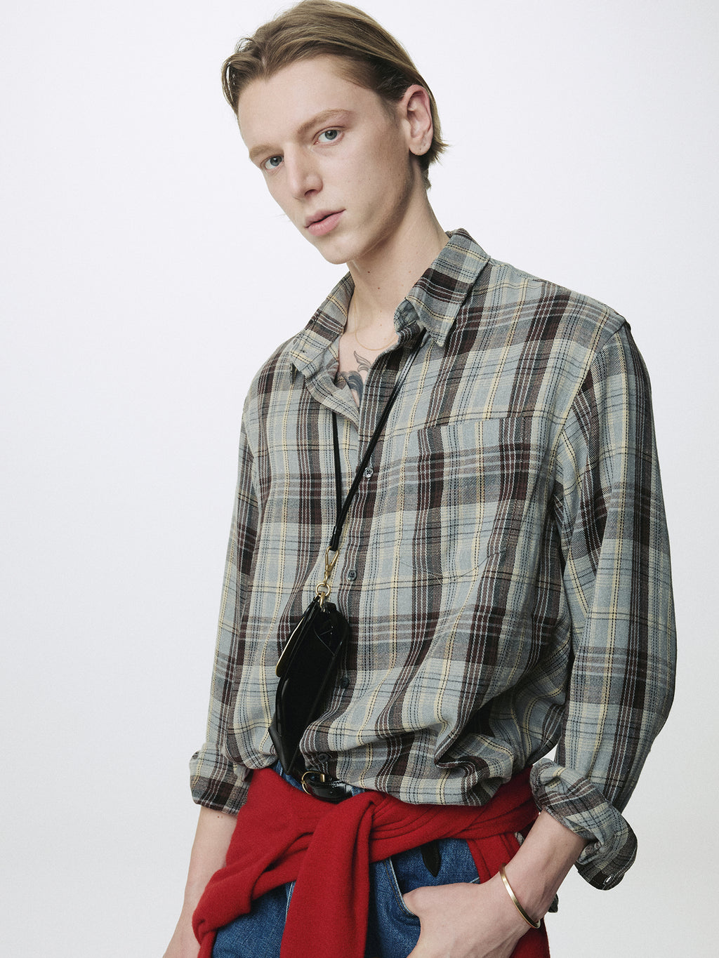 WASHED COTTON BLEND CHECK SHIRT_ GREY/BROWN