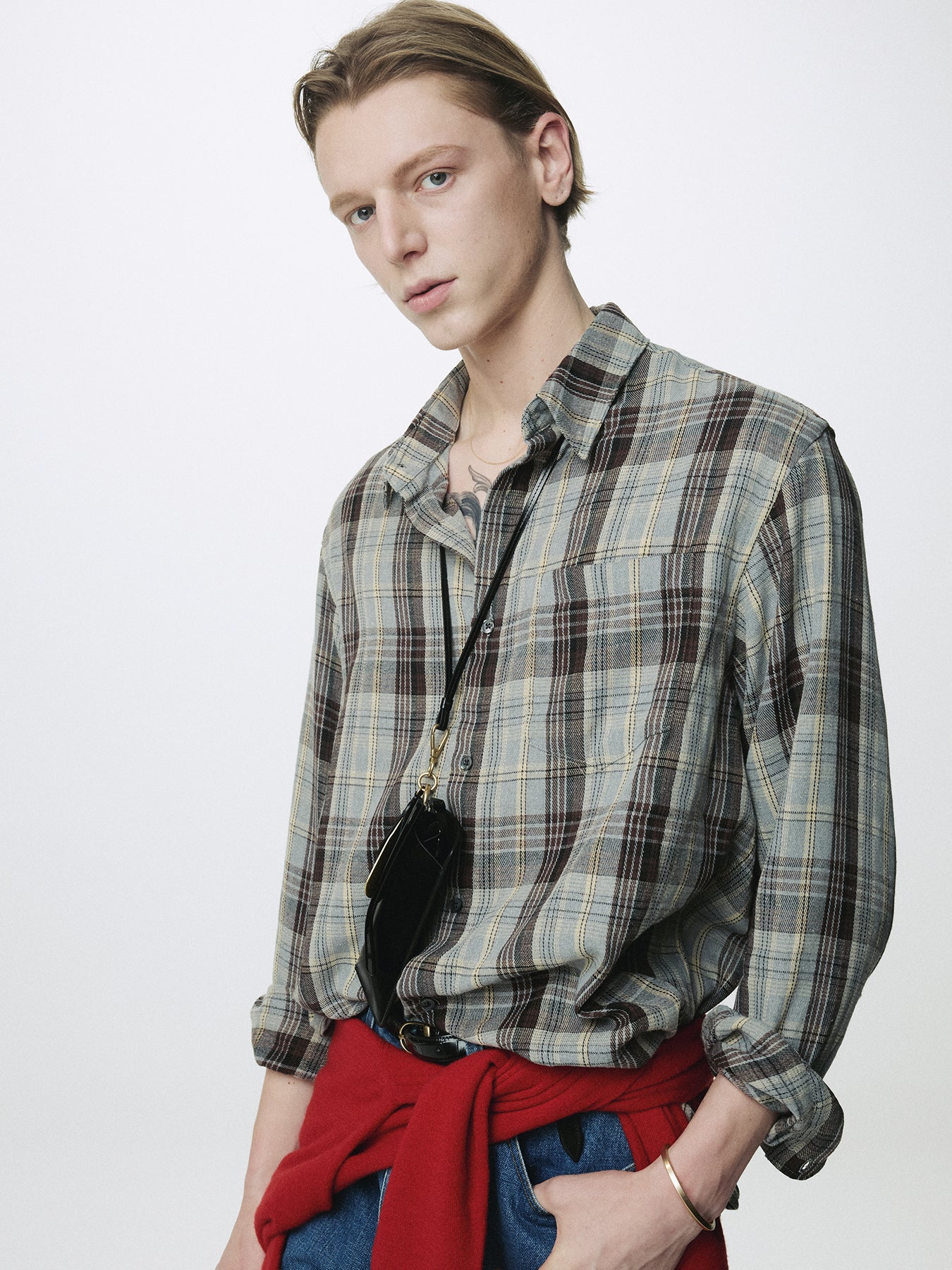 WASHED COTTON BLEND CHECK SHIRT_ GREY/BROWN