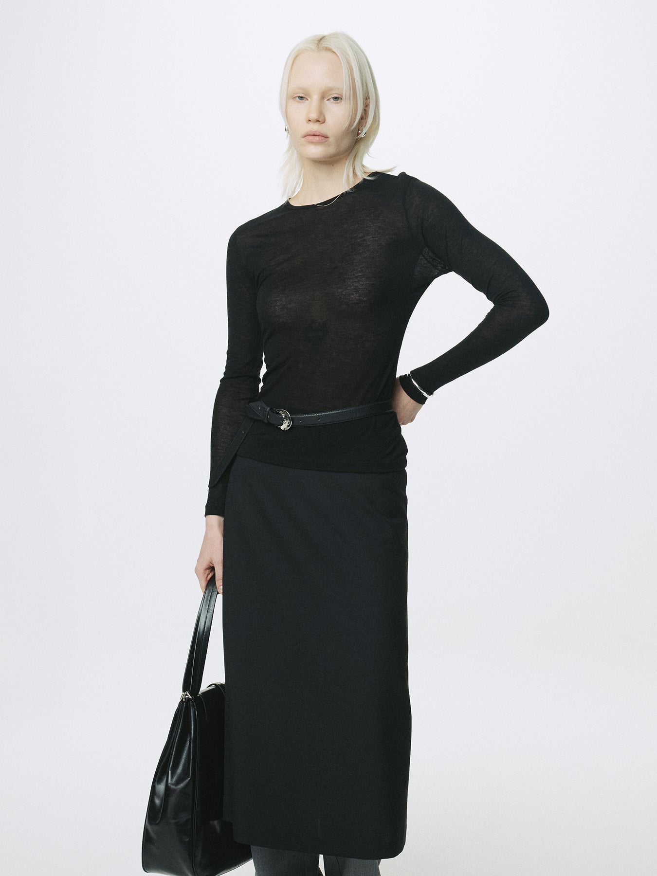 (W) WOOL TENCEL PINTUCK LONG SLEEVE_ BLACK