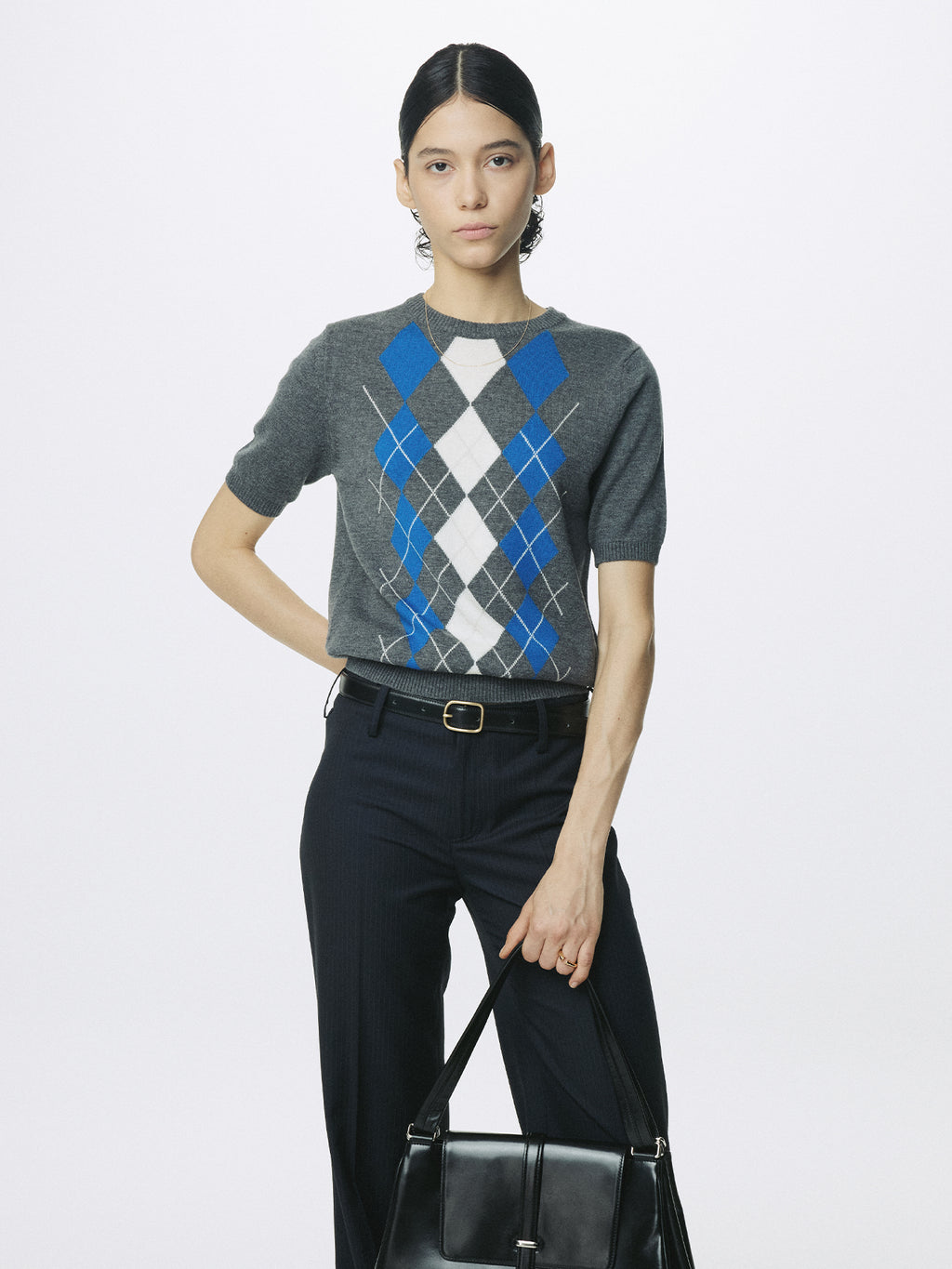 (W) SUPERFINE WOOL ARGYLE CREW NECK SWEATER_ GREY COBALT