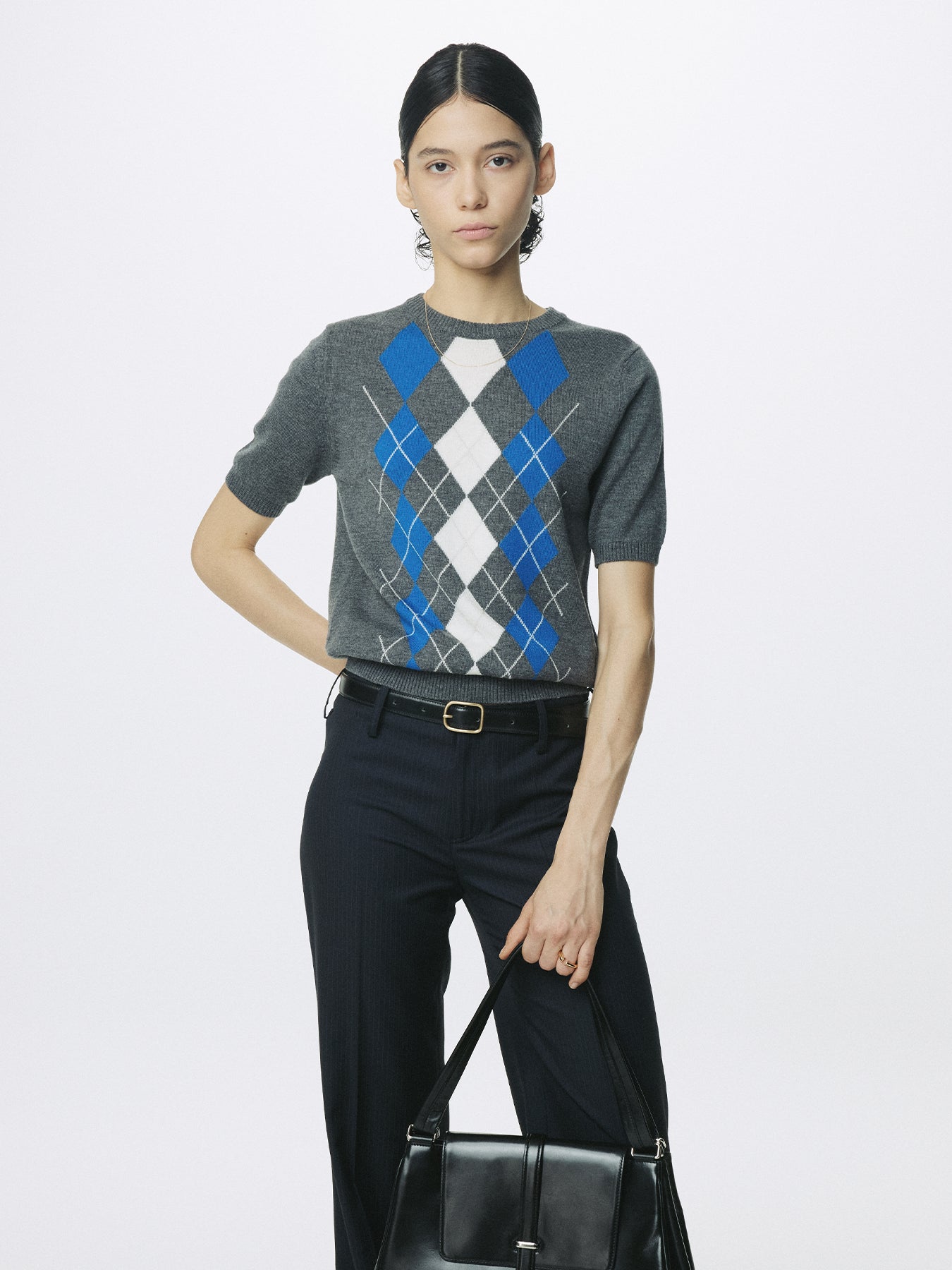 (W) SUPERFINE WOOL ARGYLE CREW NECK SWEATER_ GREY COBALT