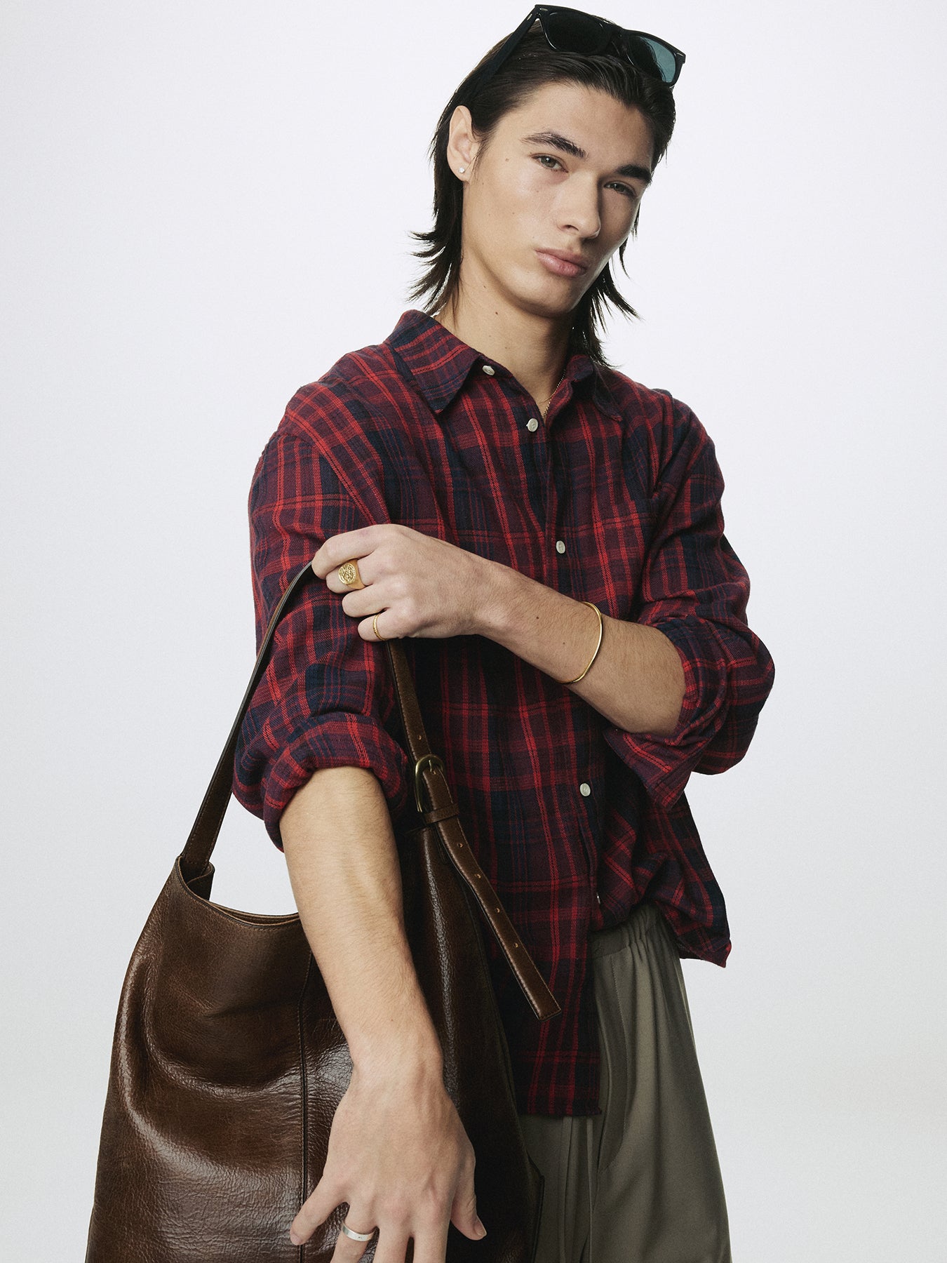 WASHED COTTON BLEND CHECK SHIRT_ RED/BLUE