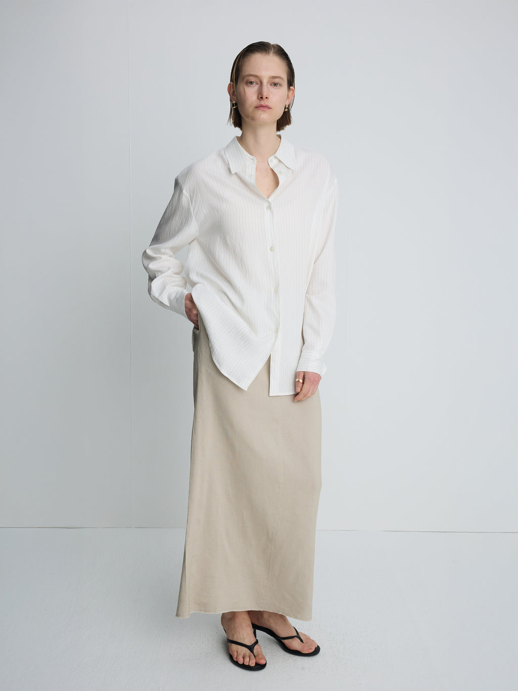 (W) AIRY STRIPED OVER SHIRT_ IVORY