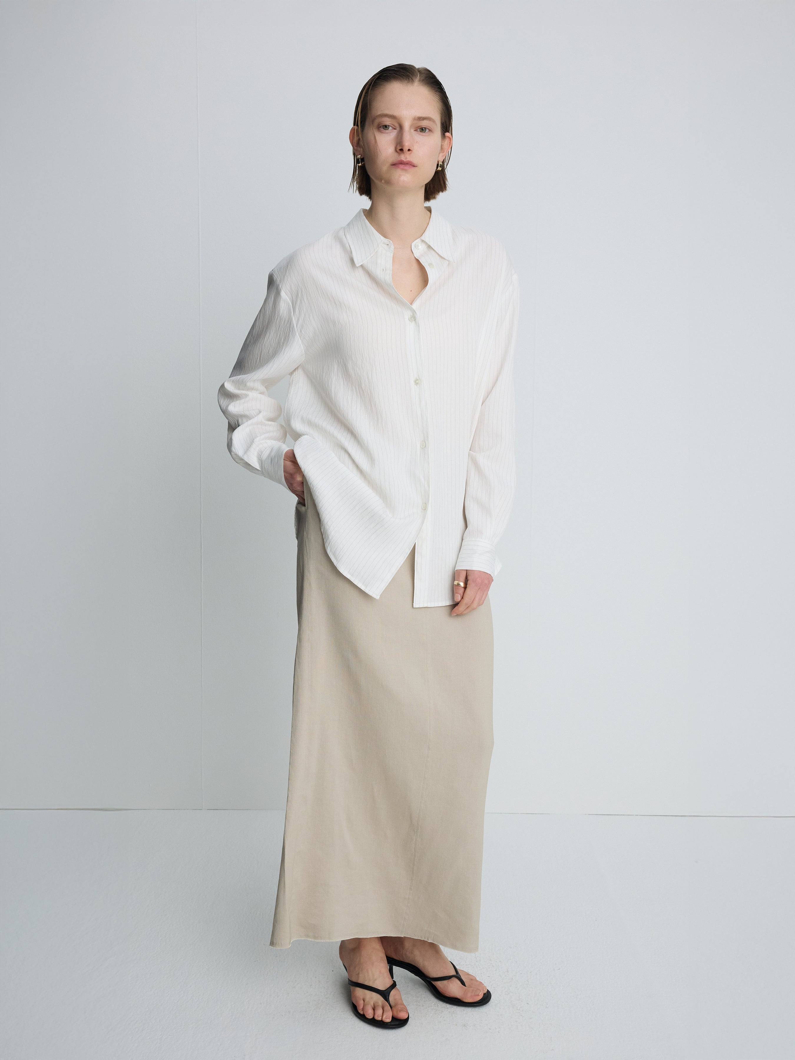 (W) AIRY STRIPED OVER SHIRT_ IVORY