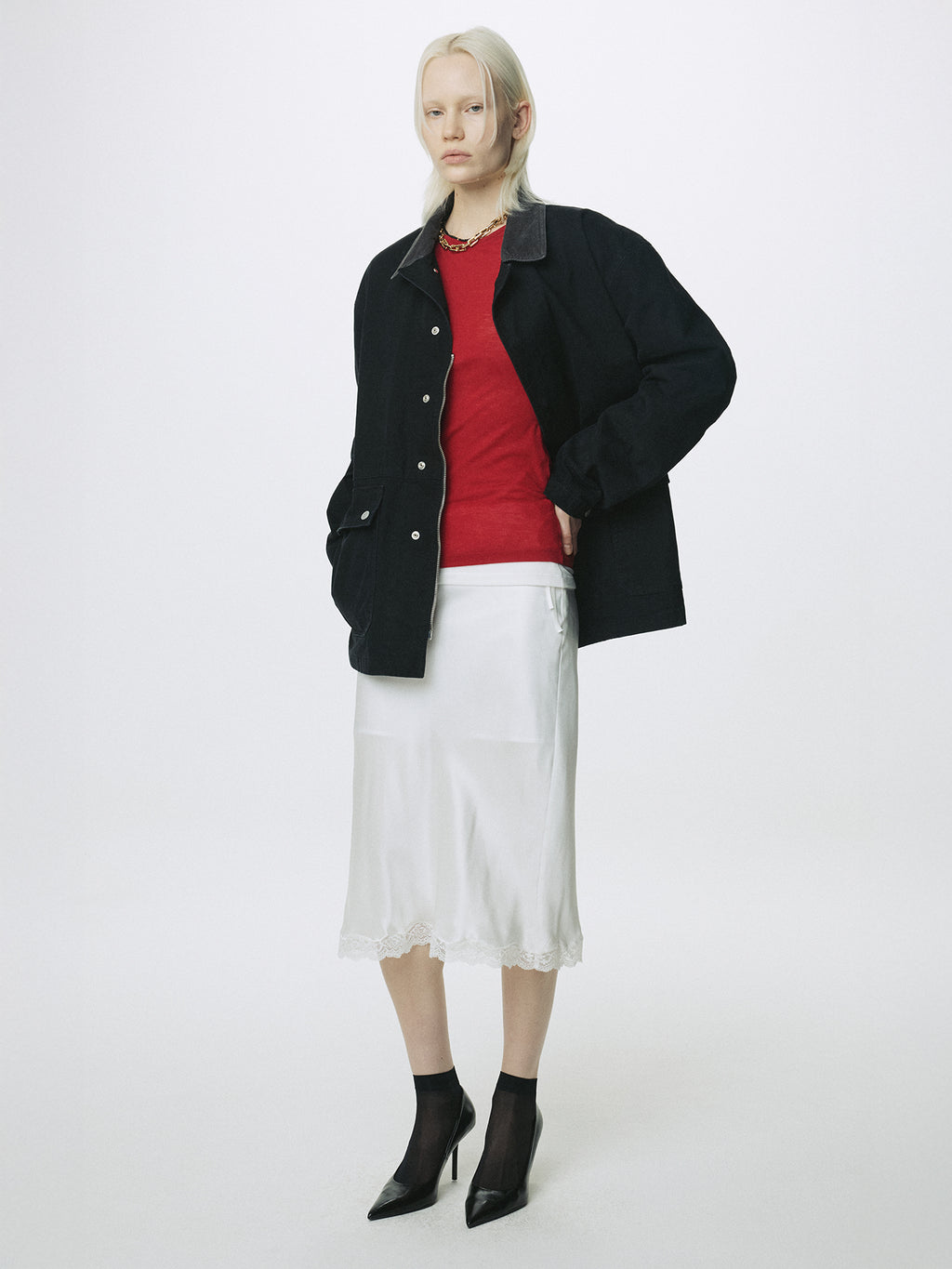 (W) SILK MIDI SKIRT_ OFF WHITE