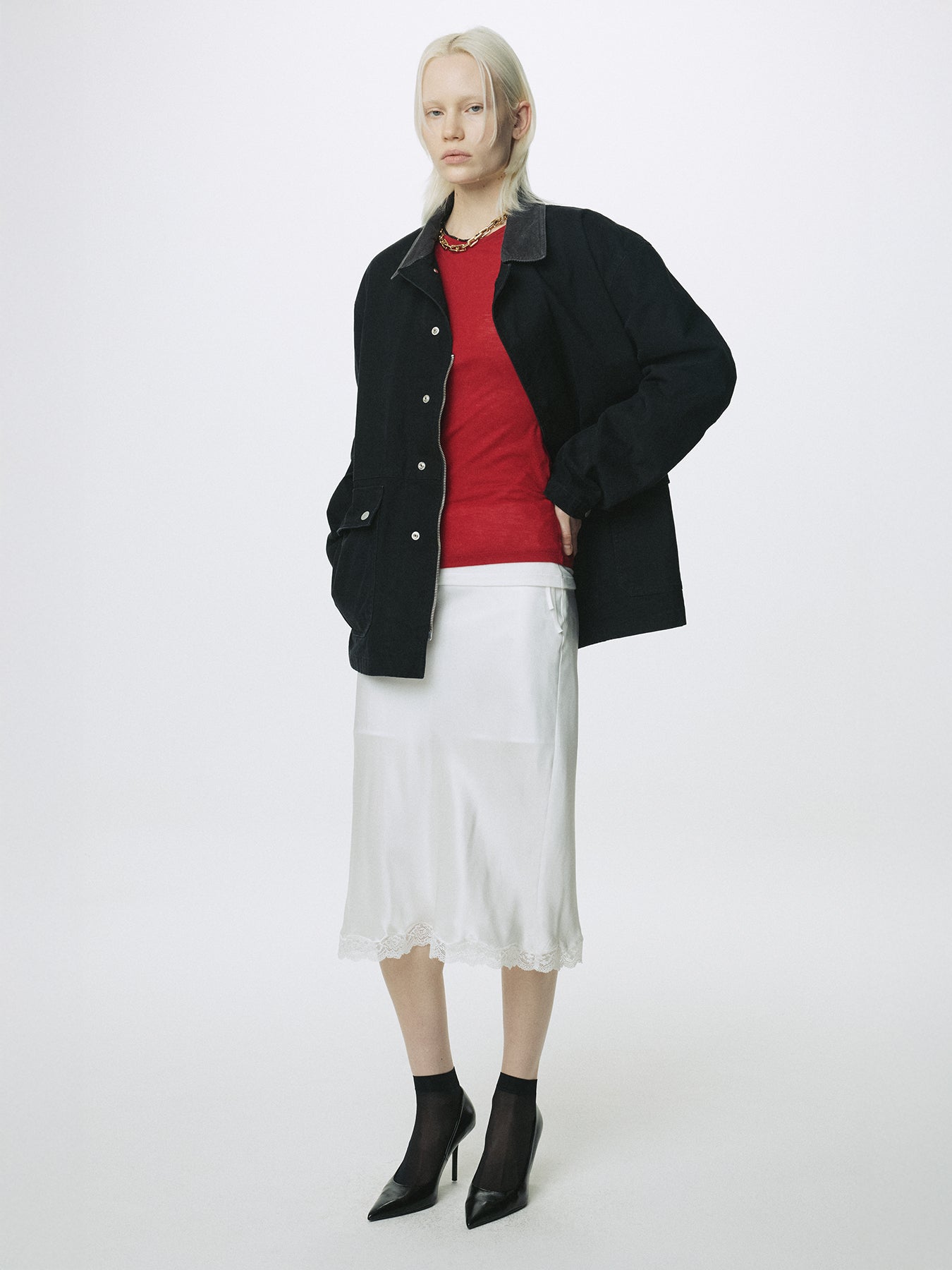 (W) SILK MIDI SKIRT_ OFF WHITE