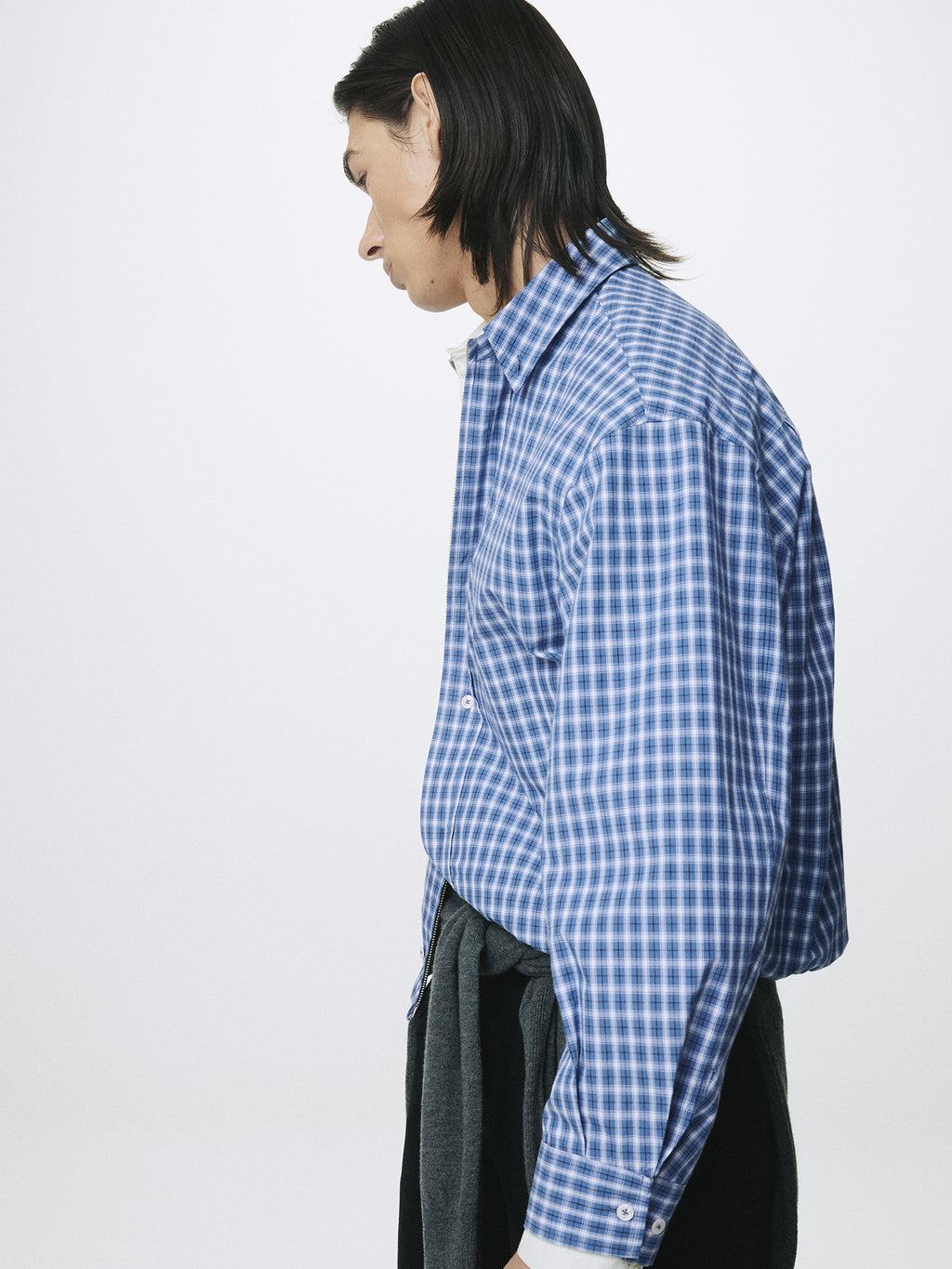CHECKED COTTON BUTTON-DOWN BLOUSON_ BLUE