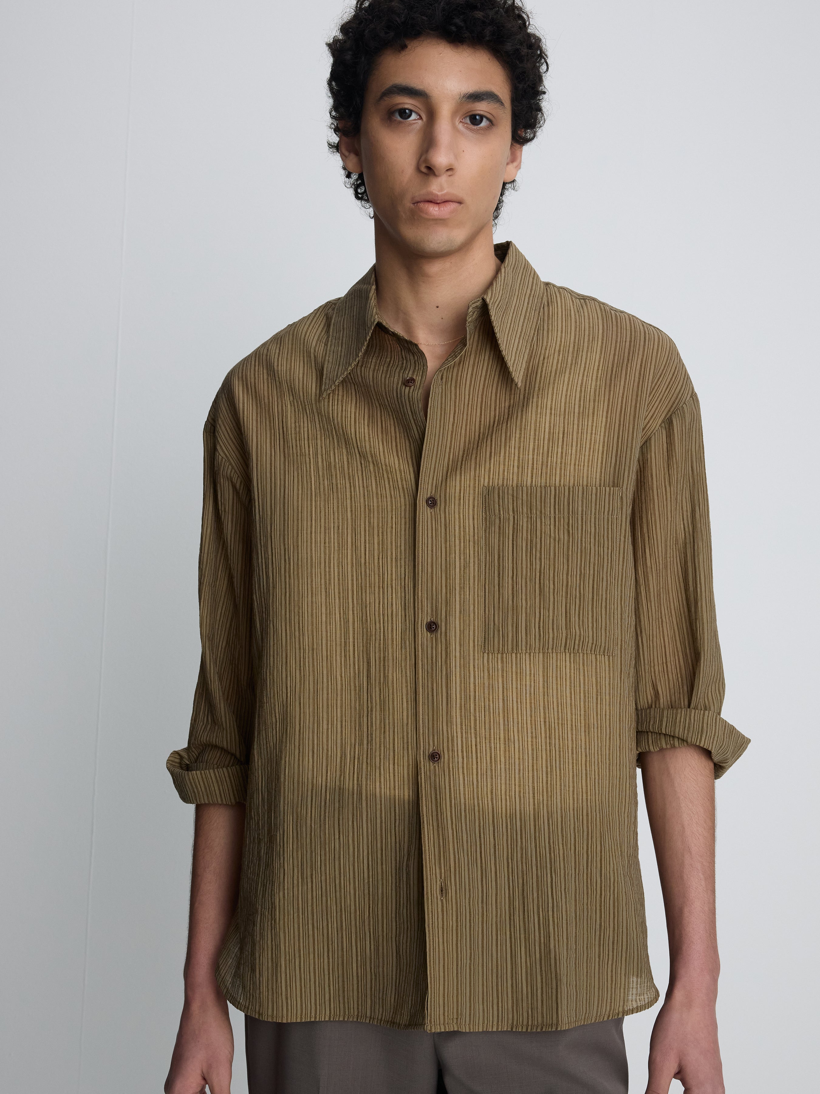 LYOCELL OVERSIZED STRIPE SHIRT_ OLIVE STRIPE