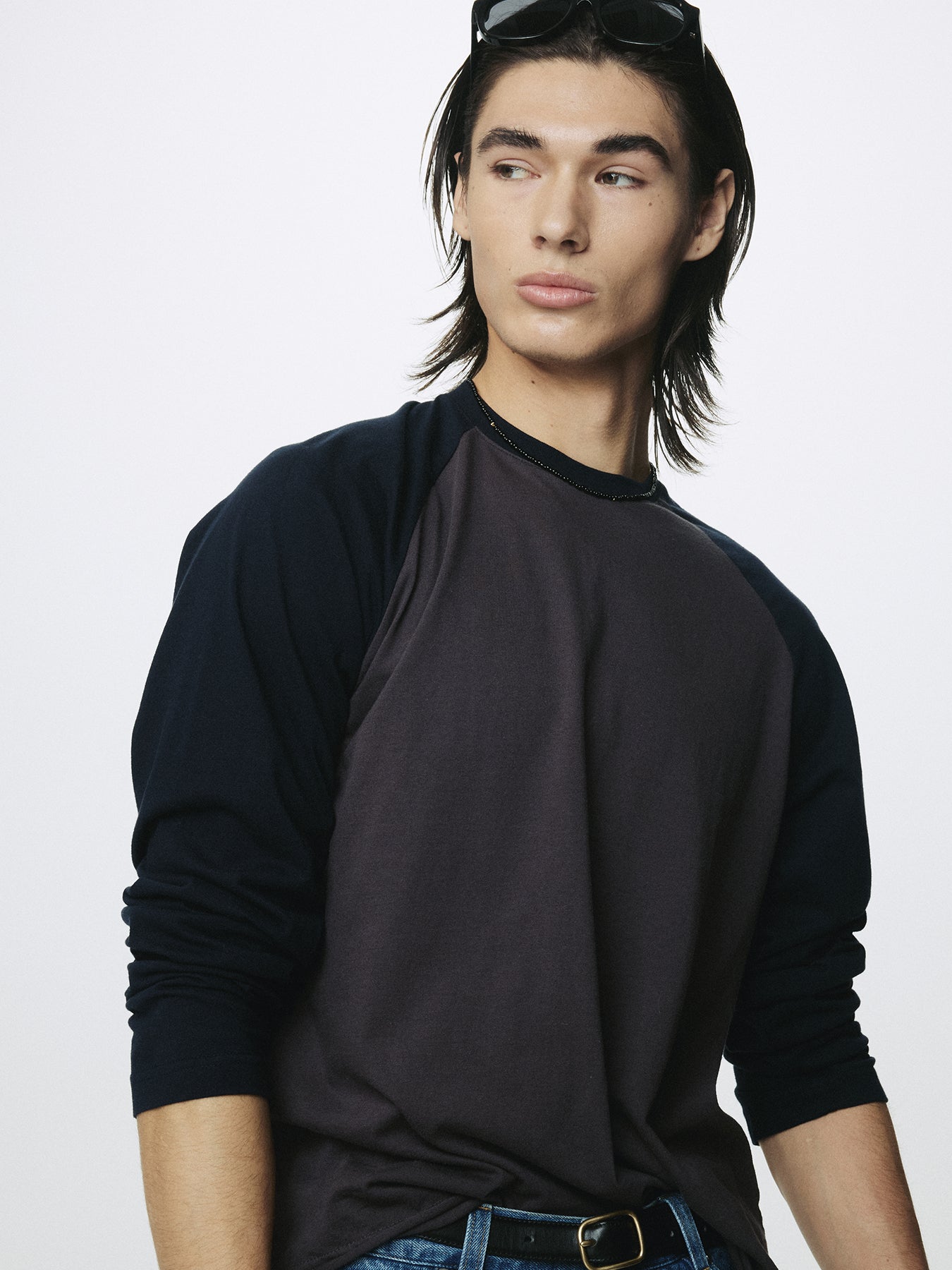 WASHED COTTON BASEBALL LONG SLEEVE_ CARBON/NAVY