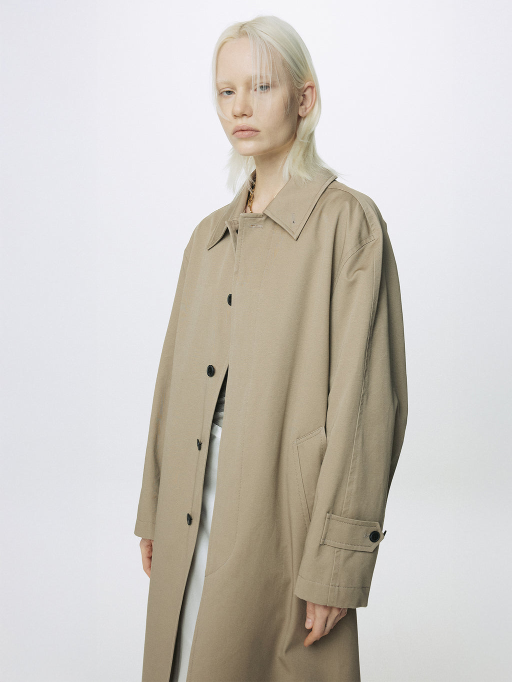 (W) COTTON DRILL SINGLE-BREASTED OVERCOAT_ BEIGE