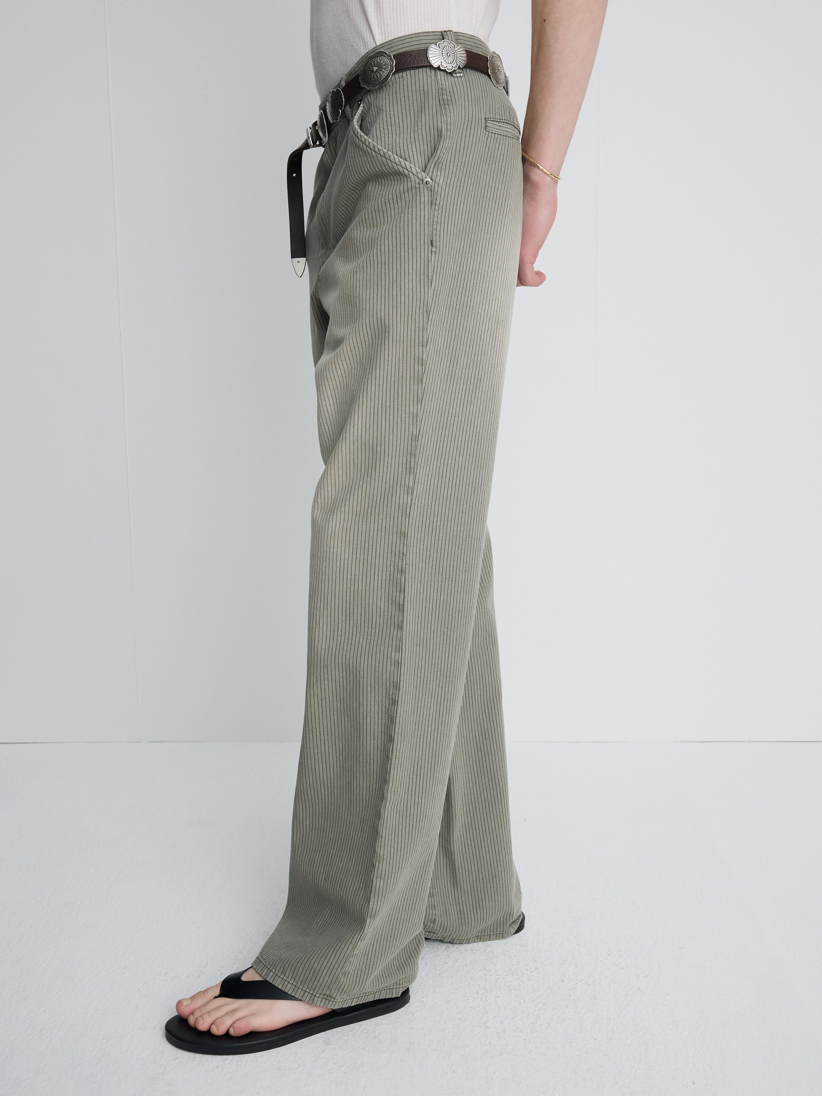 GARMENT DYED STRIPE COTTON FLARE PANTS_ STONE GREY