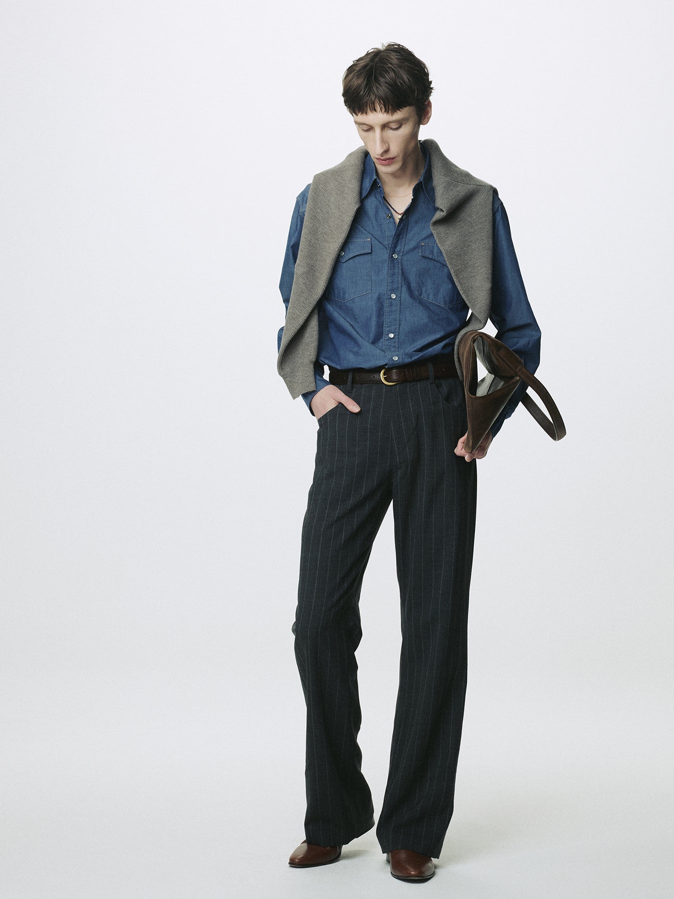 STRIPED WOOL FLARED-LEG PANTS_ GREY