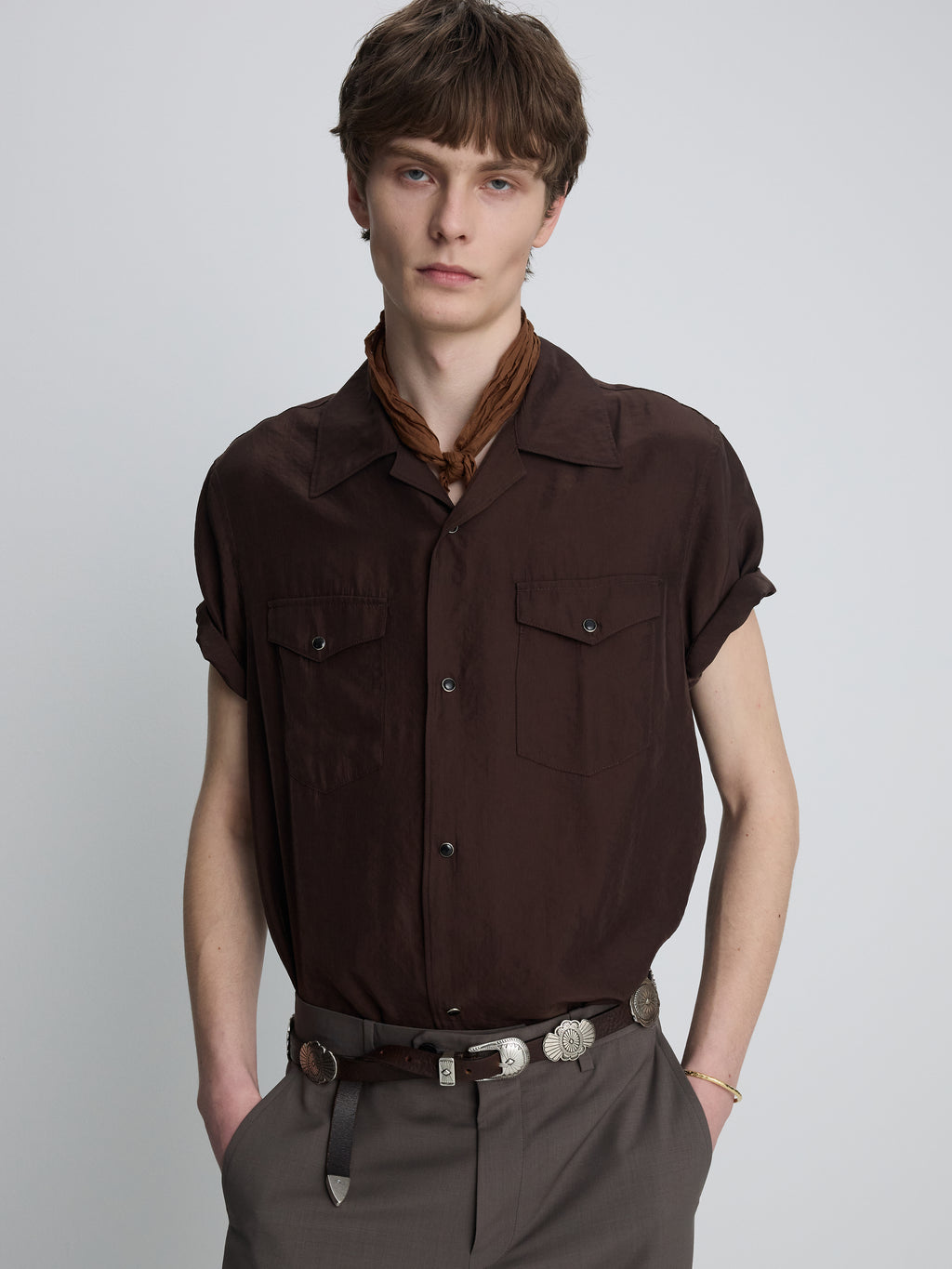 WASHED RAYON PEARL SNAP SHIRT_ BROWN