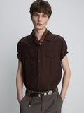 WASHED RAYON PEARL SNAP SHIRT_ BROWN
