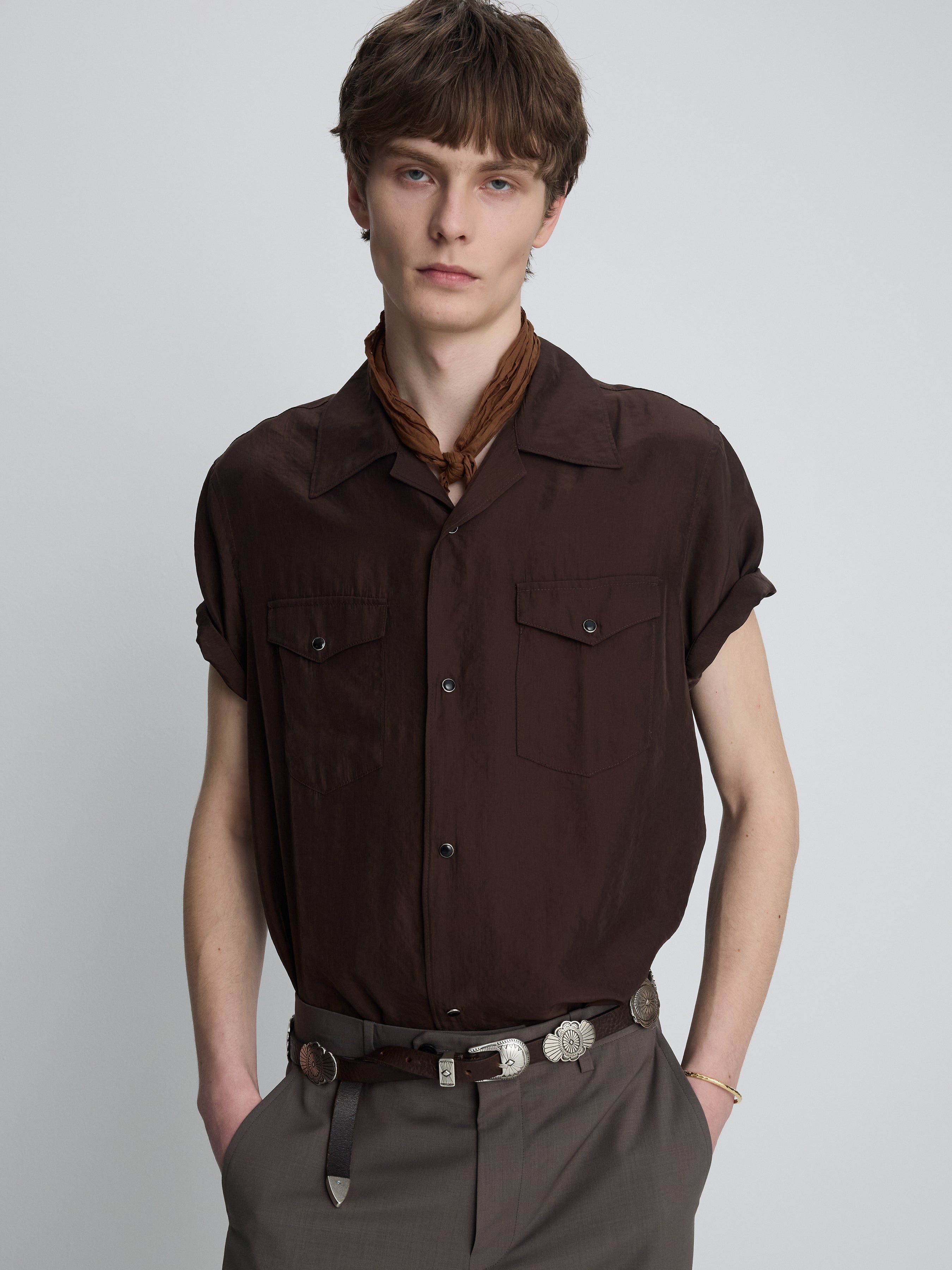 WASHED RAYON PEARL SNAP SHIRT_ BROWN