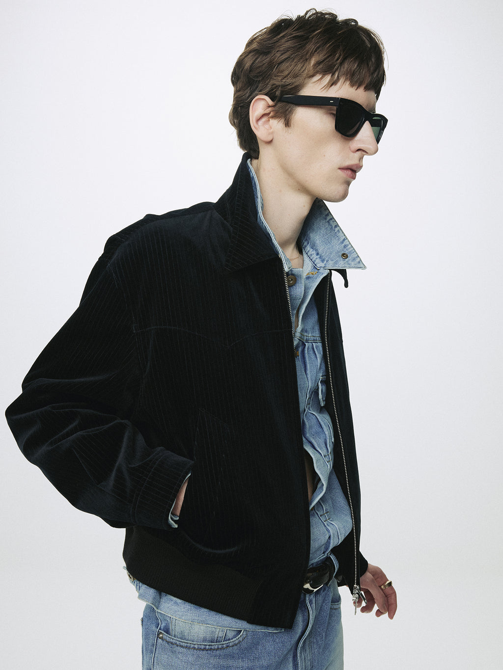 RIBBED VELVET WESTERN BLOUSON_ BLACK