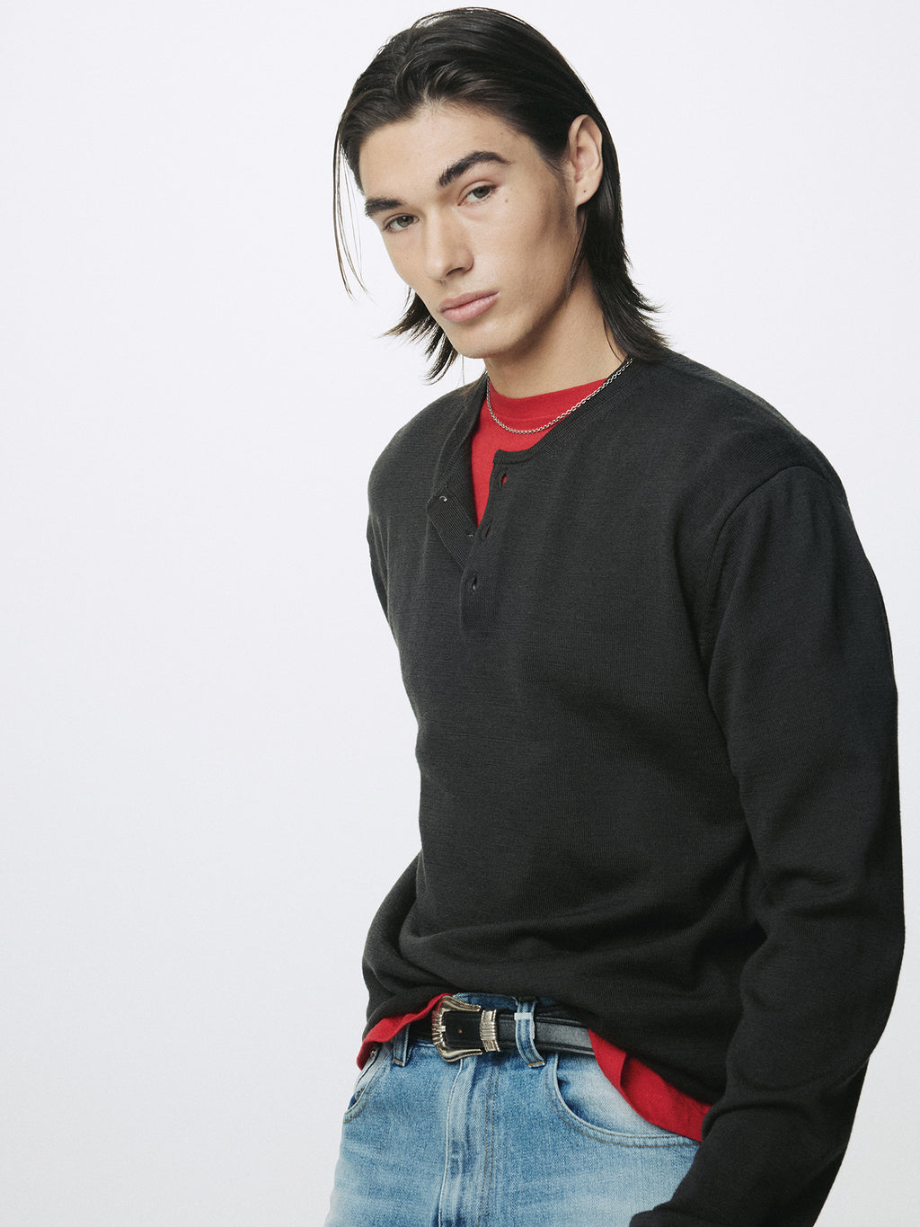 EXTRA FINE WOOL RAW HEM HENLEY NECK KNIT_ ANTHRACITE