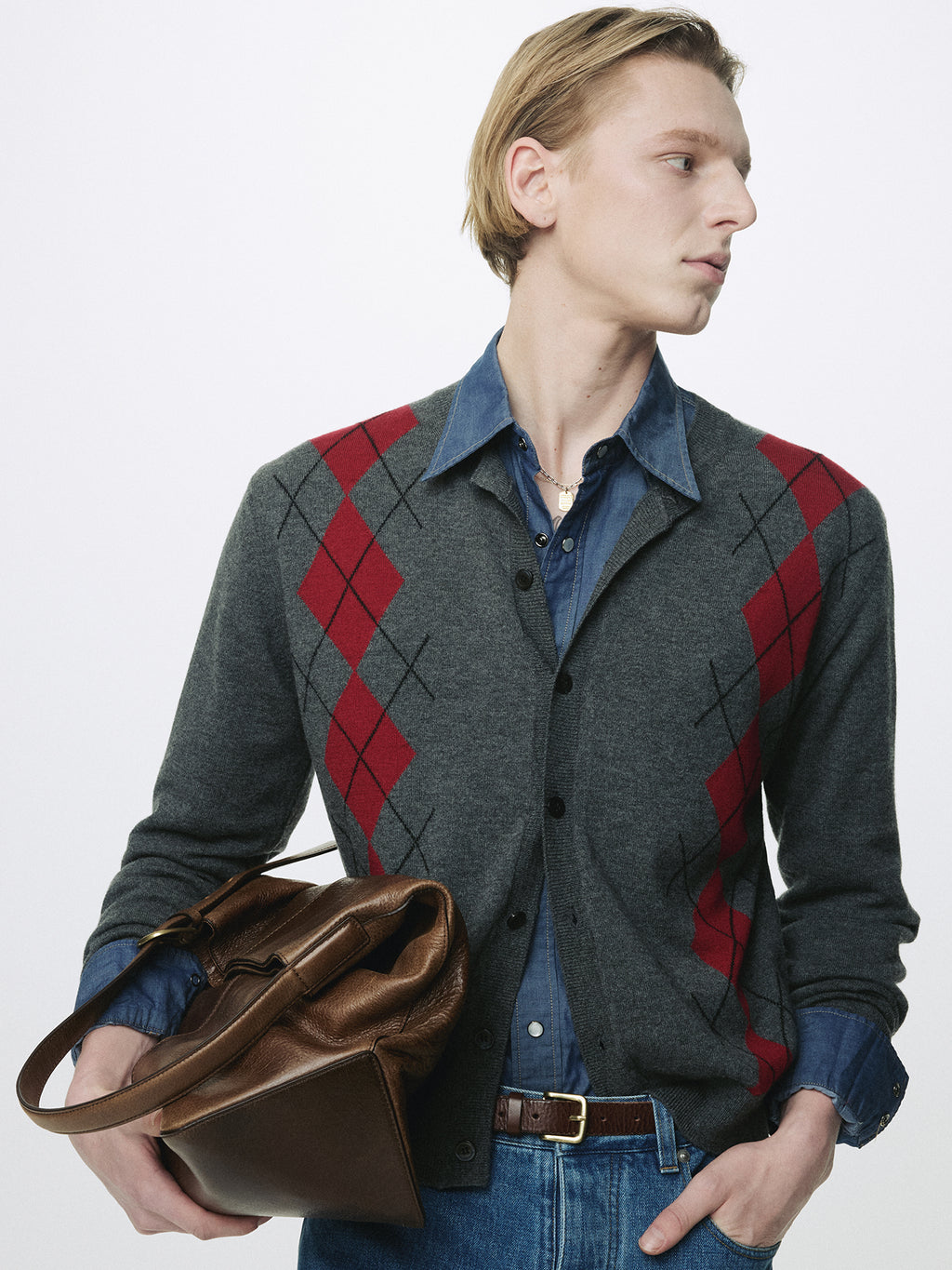 MERINO WOOL ARGYLE CARDIGAN_ GREY/RED