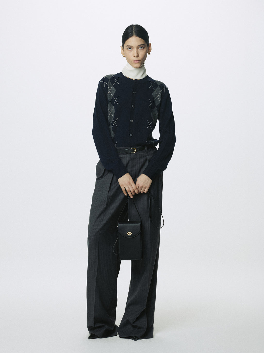 (W) STRIPED WOOL DOUBLE-PLEATED WIDE TROUSERS_ GREY STRIPE