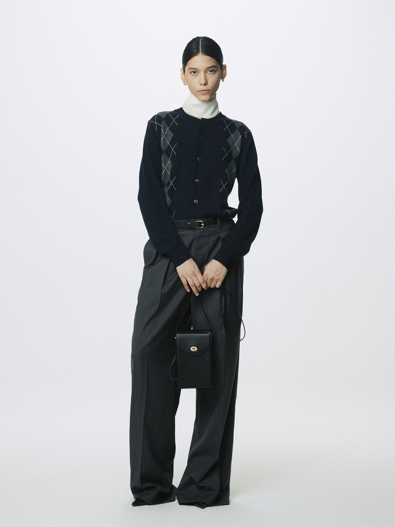 (W) STRIPED WOOL DOUBLE-PLEATED WIDE TROUSERS_ GREY STRIPE