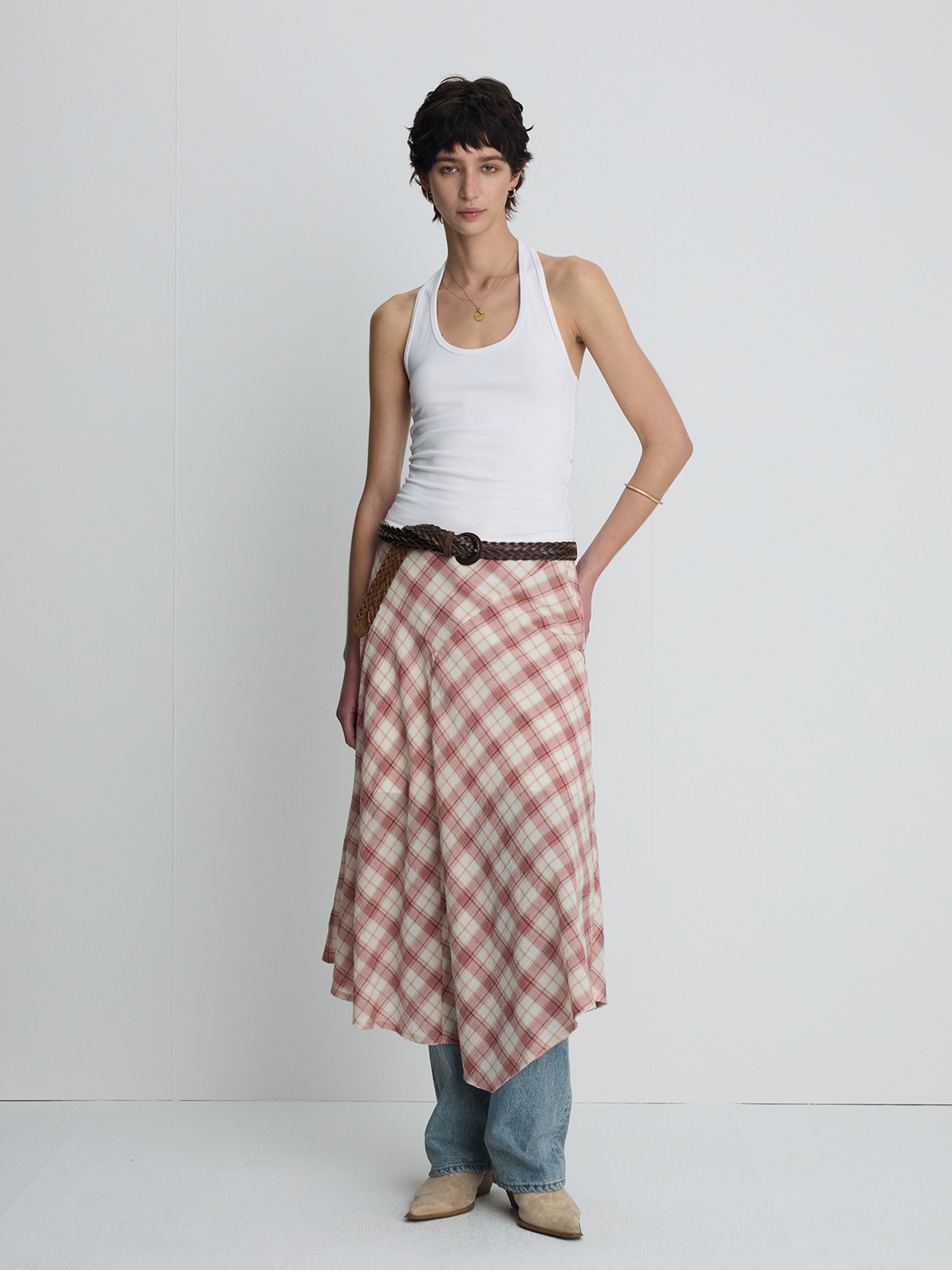 (W) COTTON CHECK PATCHWORK SKIRT_ PINK CHECK