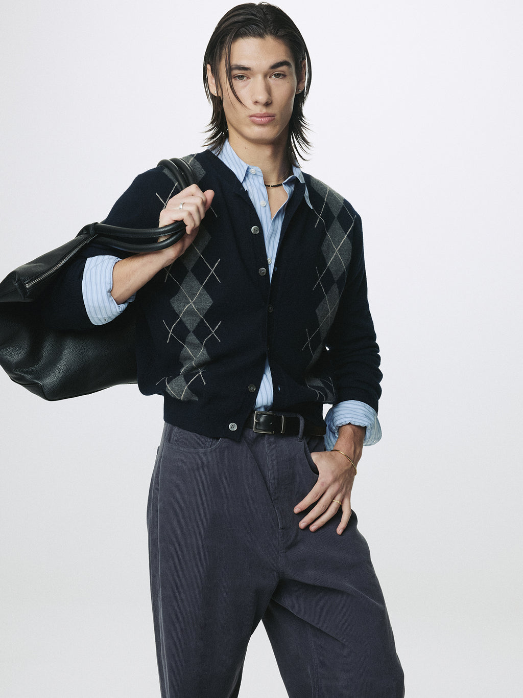 MERINO WOOL ARGYLE CARDIGAN_ NAVY/GREY