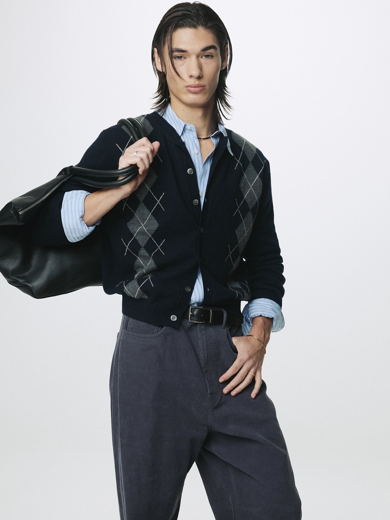 MERINO WOOL ARGYLE CARDIGAN_ NAVY/GREY