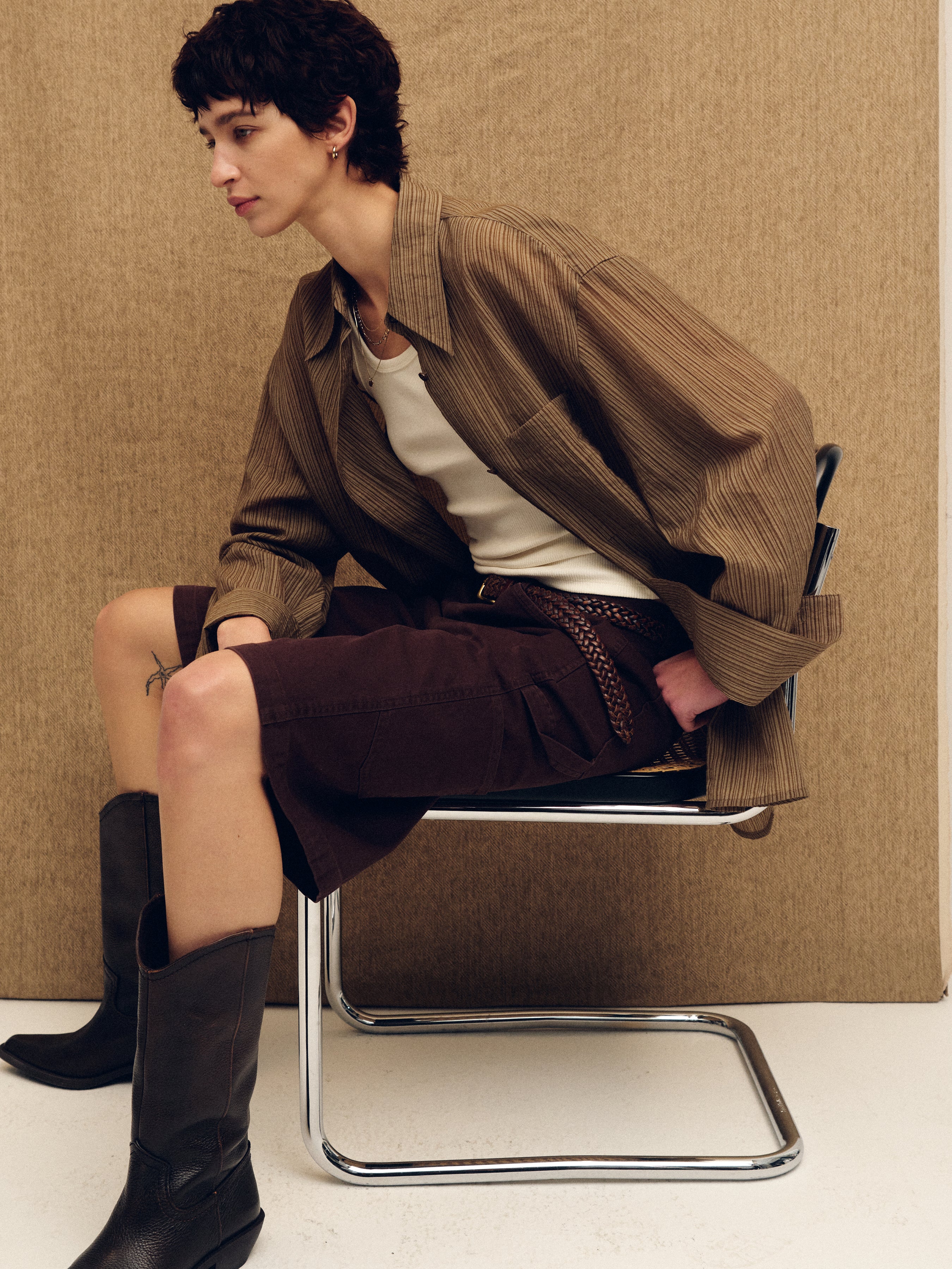 (W) LYOCELL OVERSIZED STRIPE SHIRT_ OLIVE STRIPE