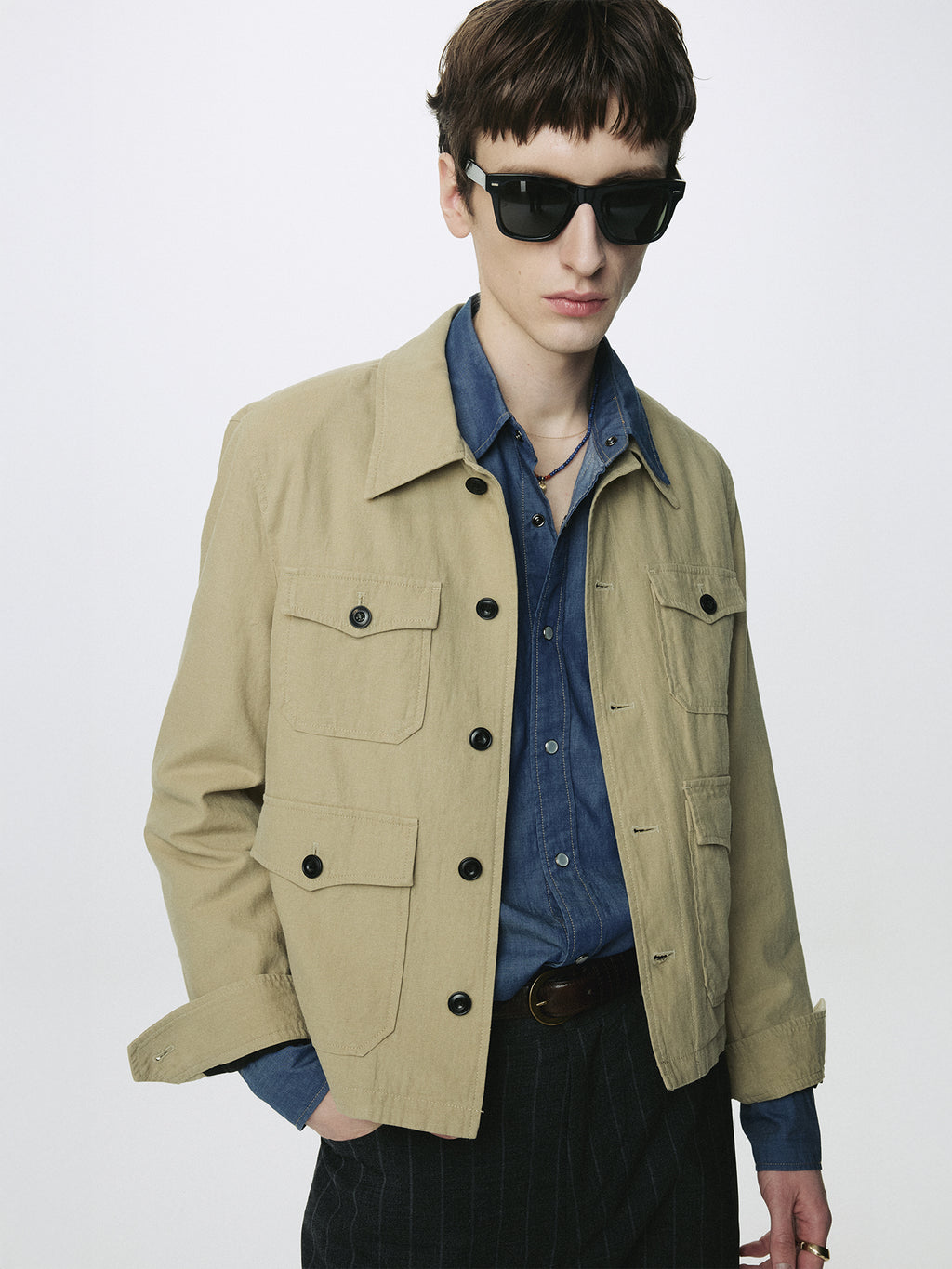 COTTON LINEN CROPPED SAFARI JACKET_ SAND