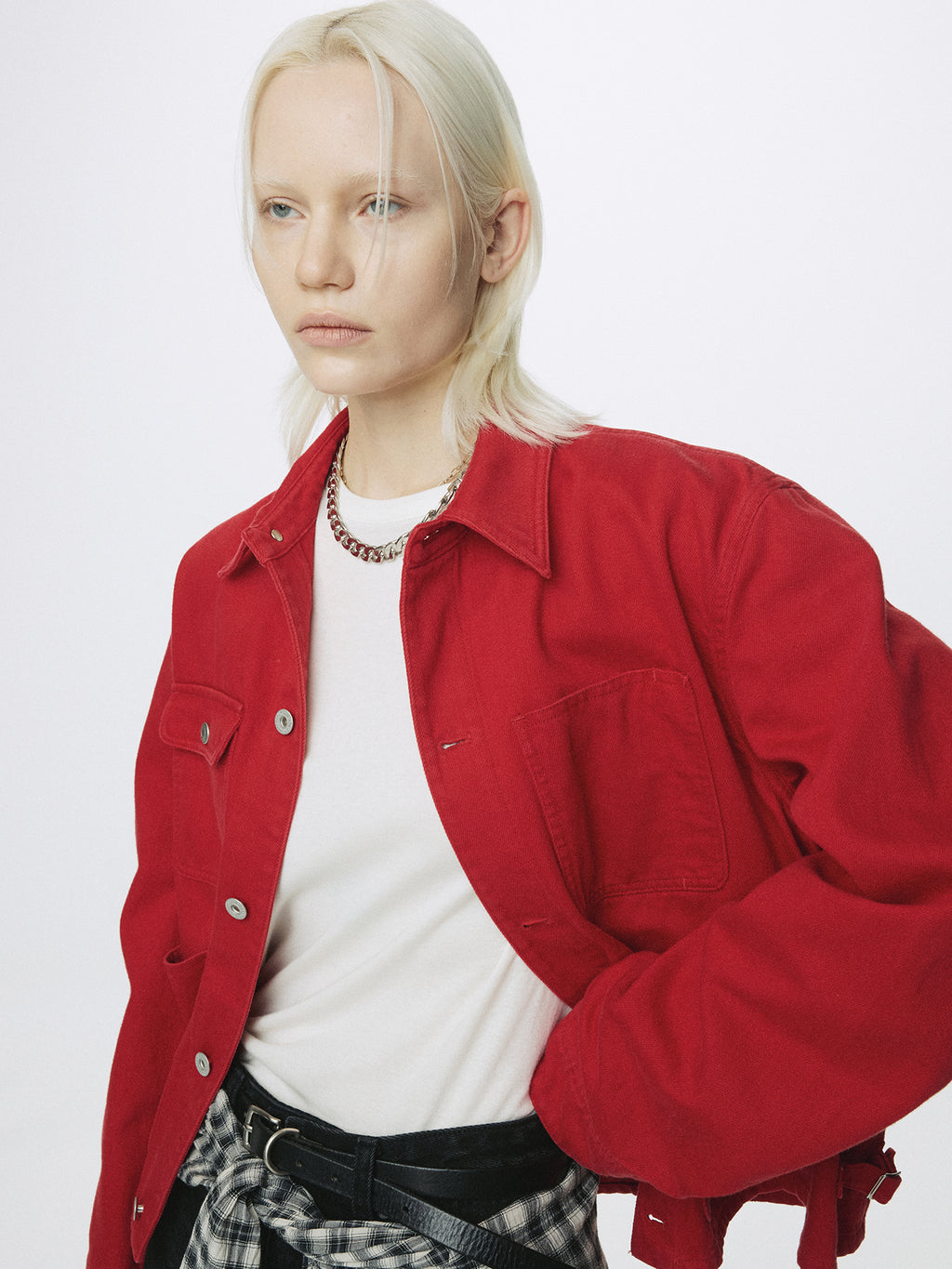 (W) SLUB COTTON CROPPED WORK JACKET_ RED
