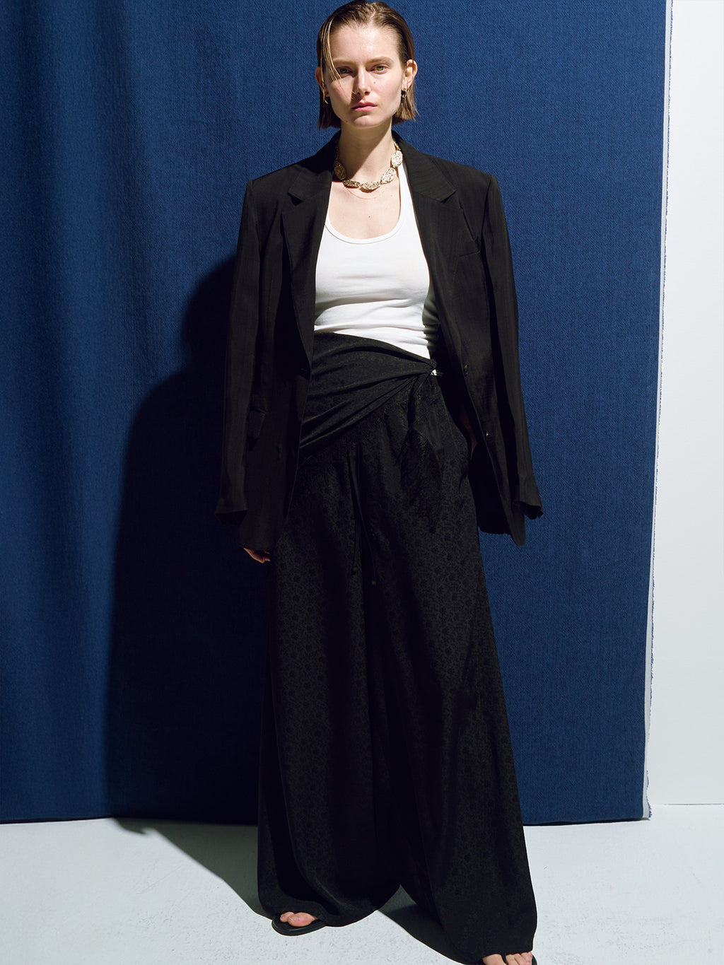 (W) JACQUARD WRAP LOOSE FIT PANTS_ BLACK