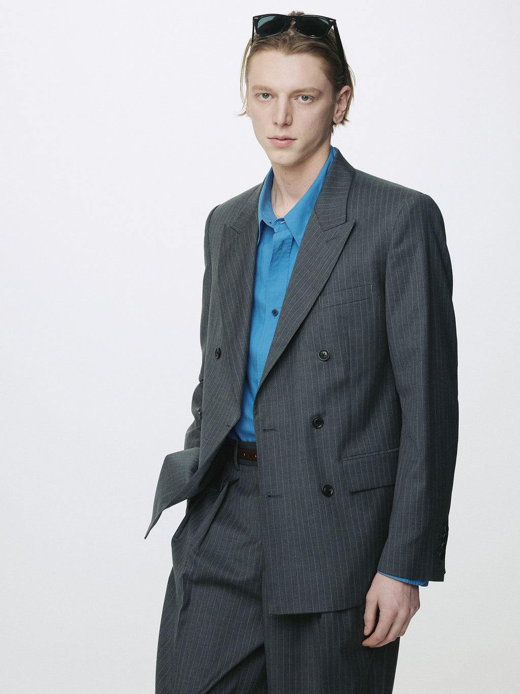 STRIPED WOOL DOUBLE-BREASTED TAILORED JACKET_ GREY STRIPE