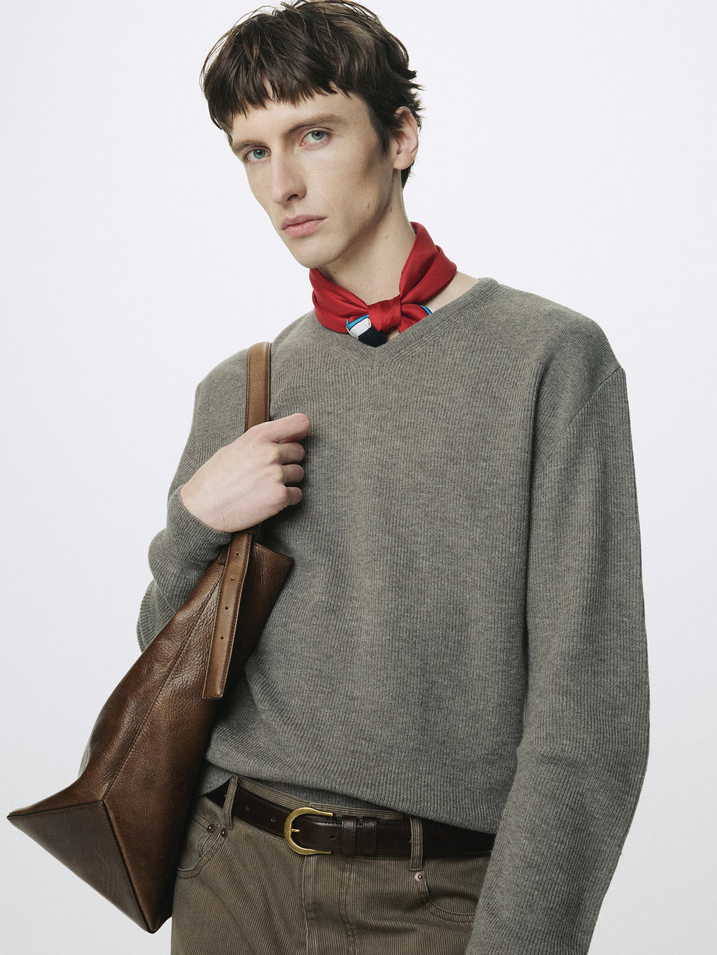 SUPER FINE WOOL COMMANDO V-NECK KNIT_ TAUPE MELANGE