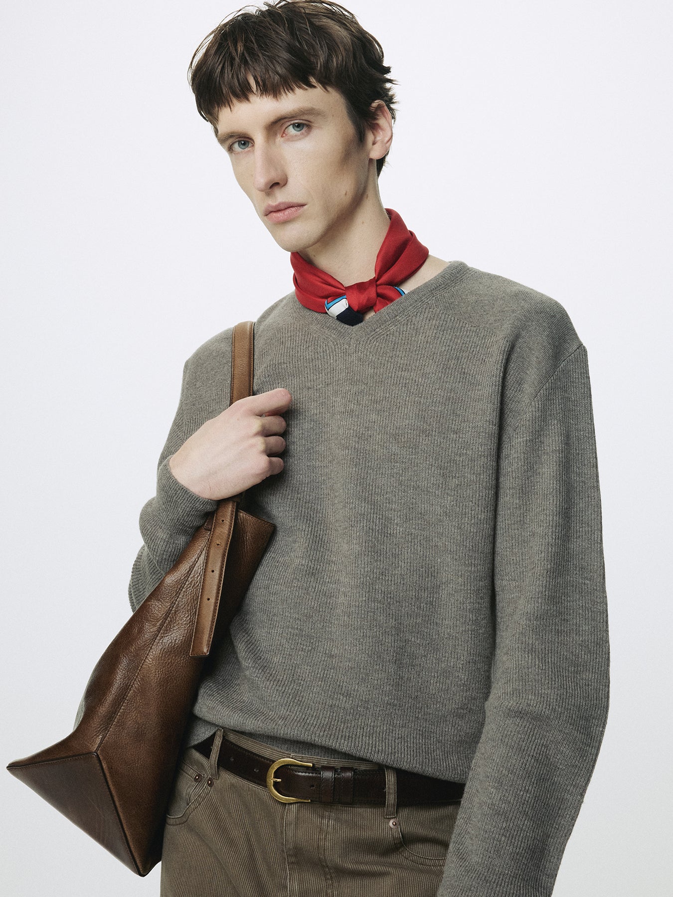 SUPER FINE WOOL COMMANDO V-NECK KNIT_ TAUPE MELANGE