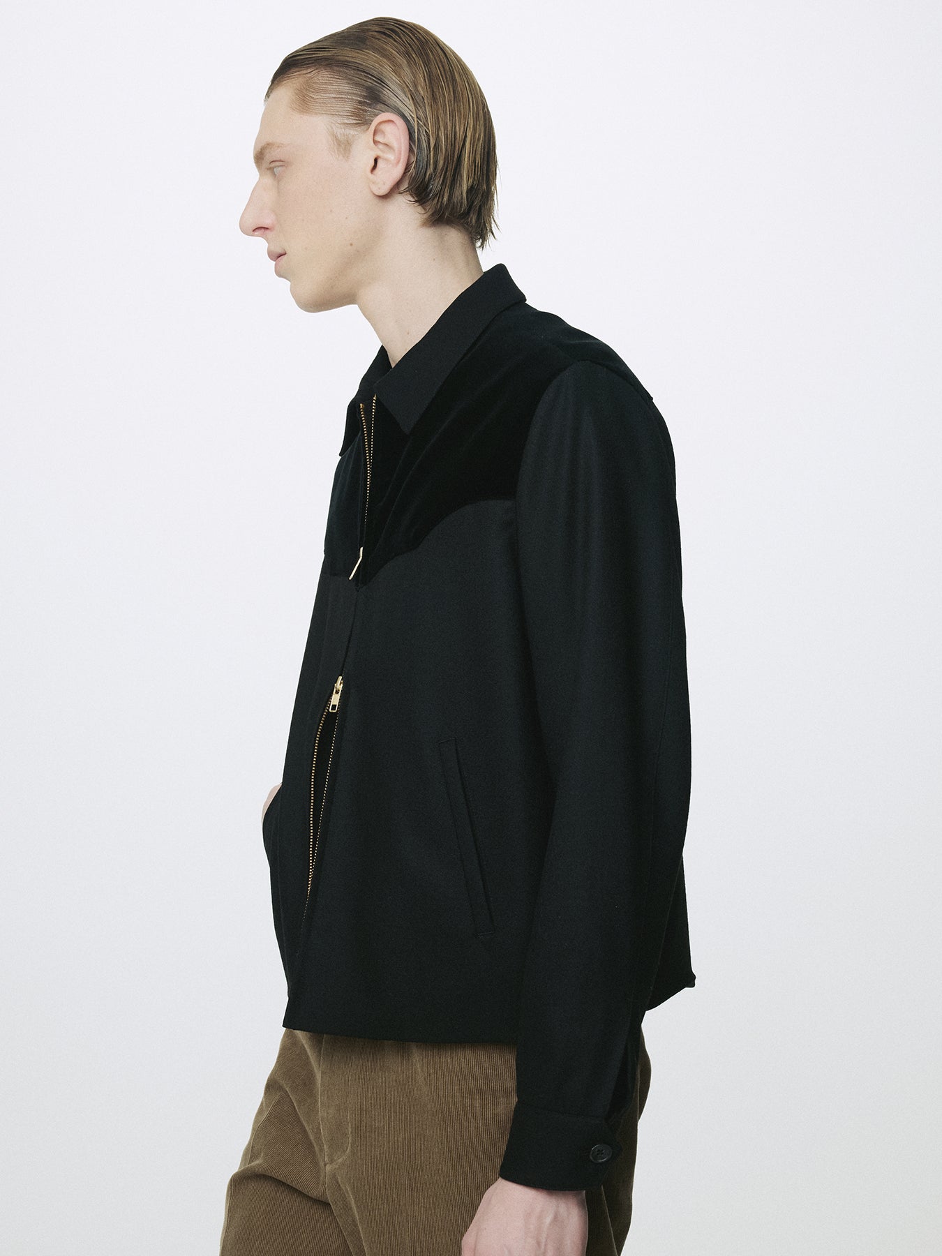 WOOL VELVET TRIMMED BLOUSON JACKET_ BLACK