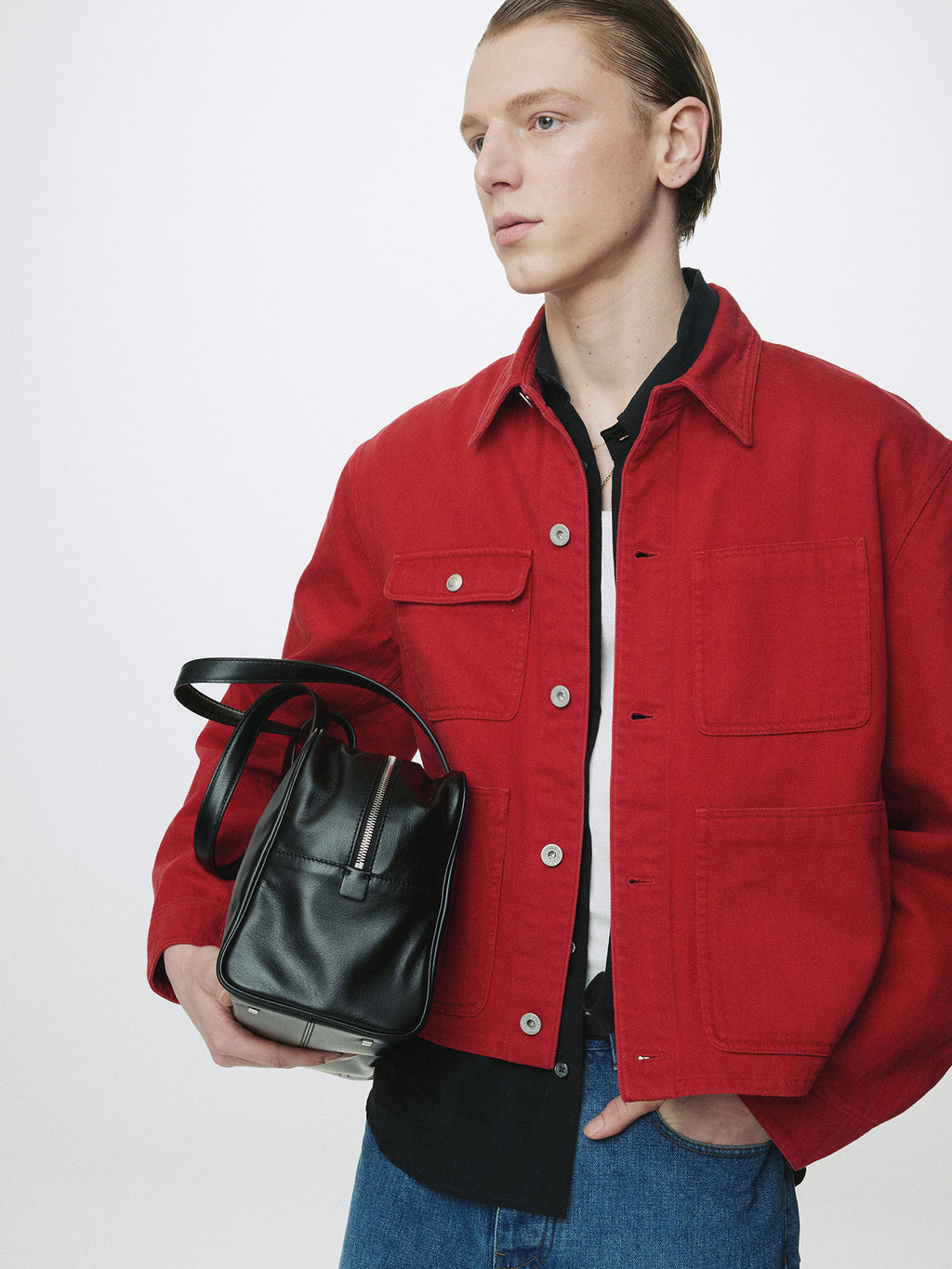 SLUB COTTON CROPPED WORK JACKET_ RED